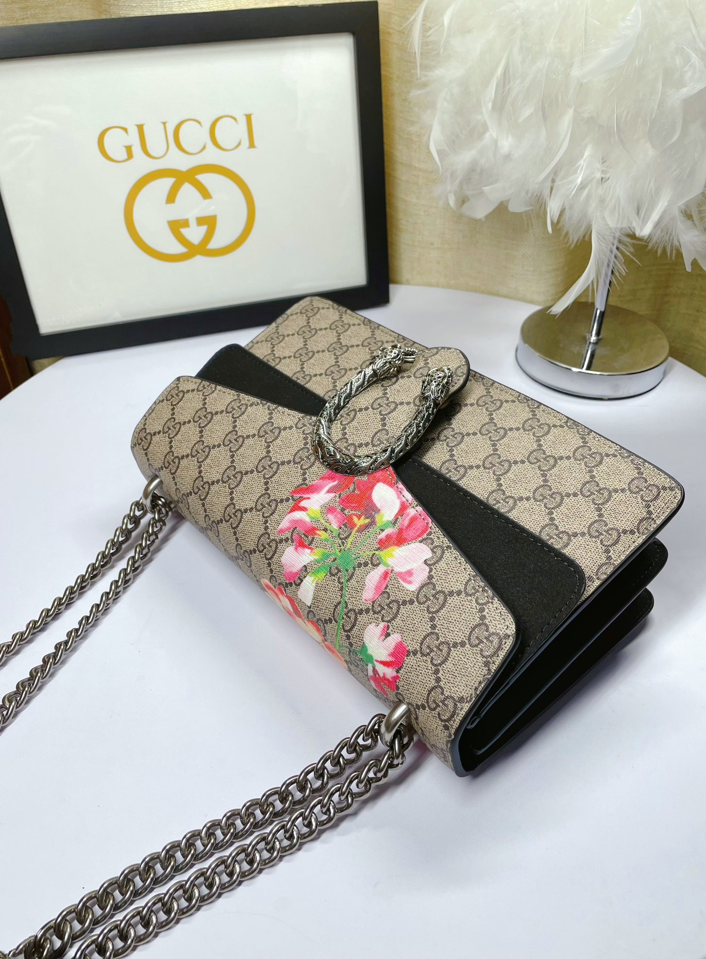 Gucci Dionysus 酒神包 花卉印花 GG Supreme 鍊條包 黑色款 28cm