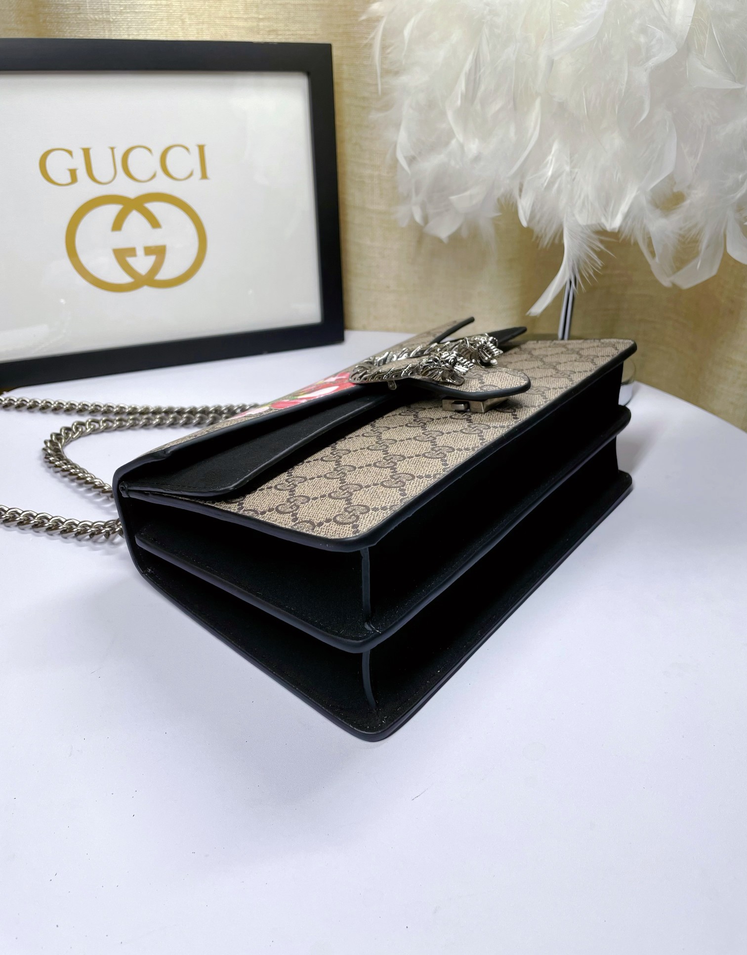 Gucci Dionysus 酒神包 花卉印花 GG Supreme 鍊條包 黑色款 28cm