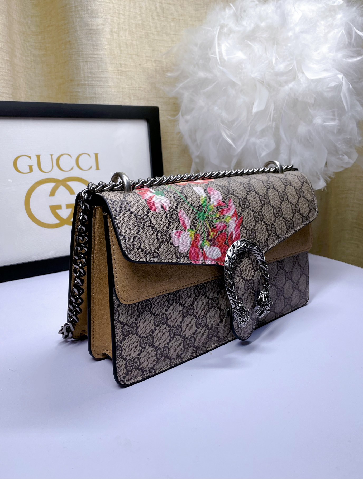 Gucci Dionysus 酒神包 GG Supreme 杏色拼接鍊條包 28cm| 14 Gucci Dionysus 酒神包 GG Supreme 杏色拼接鍊條包 28cm