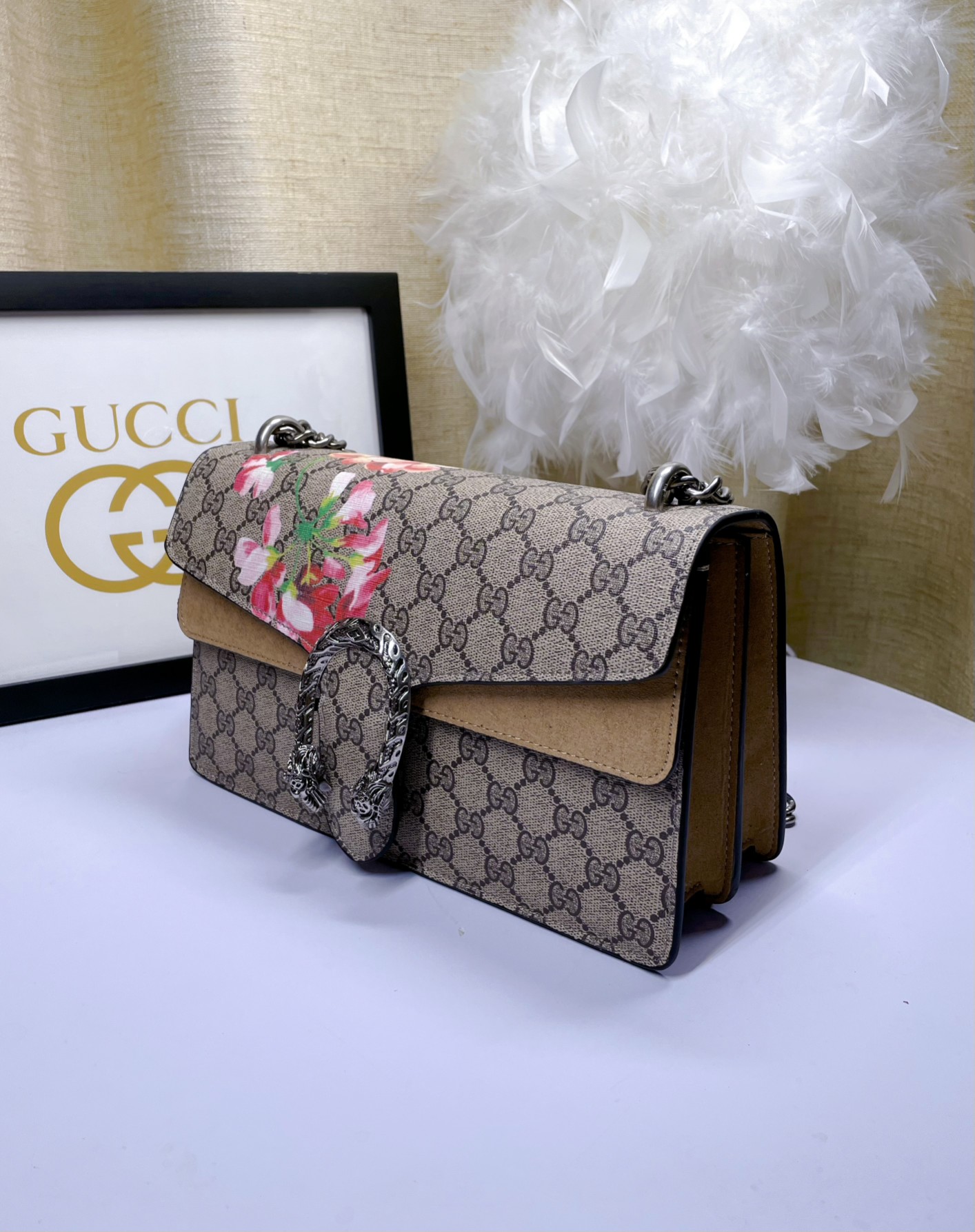 Gucci Dionysus 酒神包 GG Supreme 杏色拼接鍊條包 28cm| 12 Gucci Dionysus 酒神包 GG Supreme 杏色拼接鍊條包 28cm