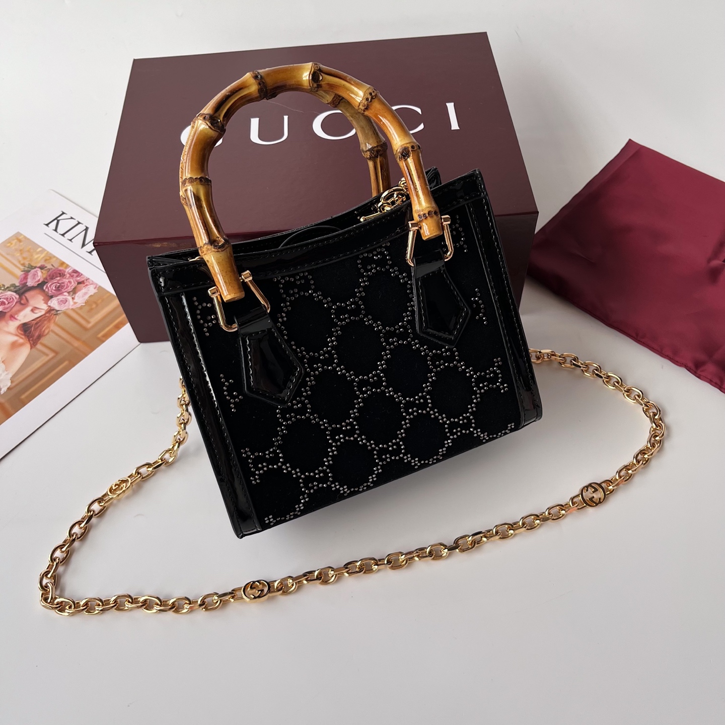 Gucci Diana 竹節手提包 黑色亮面皮革 迷你鍊條斜背包