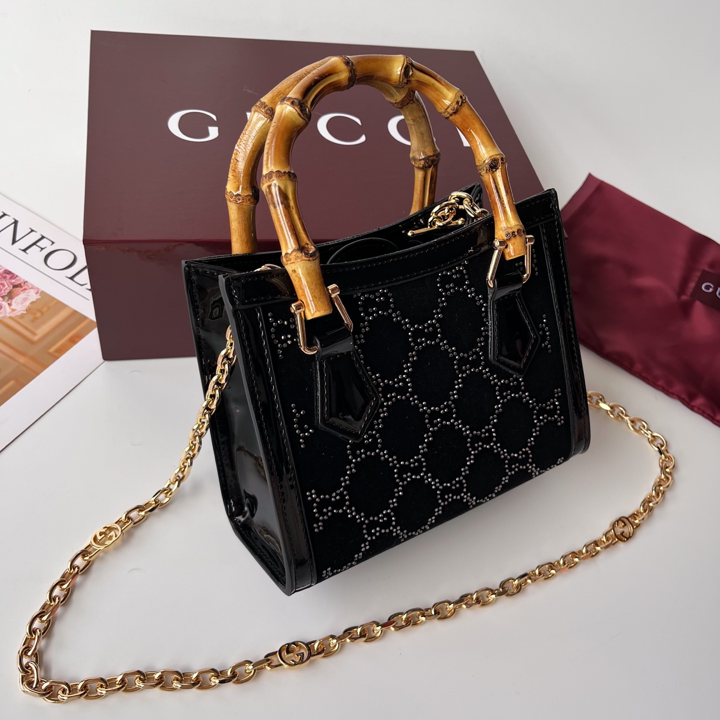 Gucci Diana 竹節手提包 黑色亮面皮革 迷你鍊條斜背包