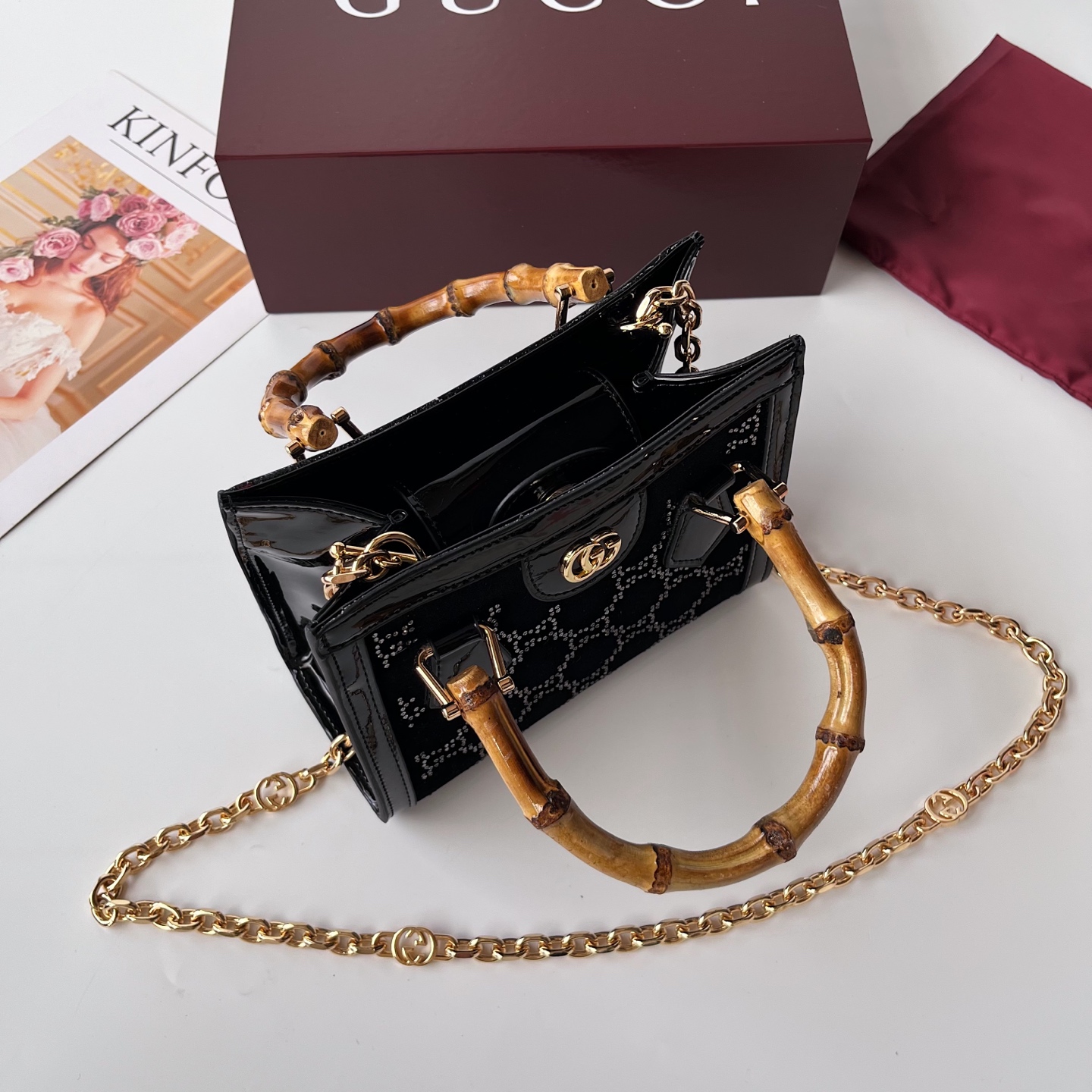 Gucci Diana 竹節手提包 黑色亮面皮革 迷你鍊條斜背包