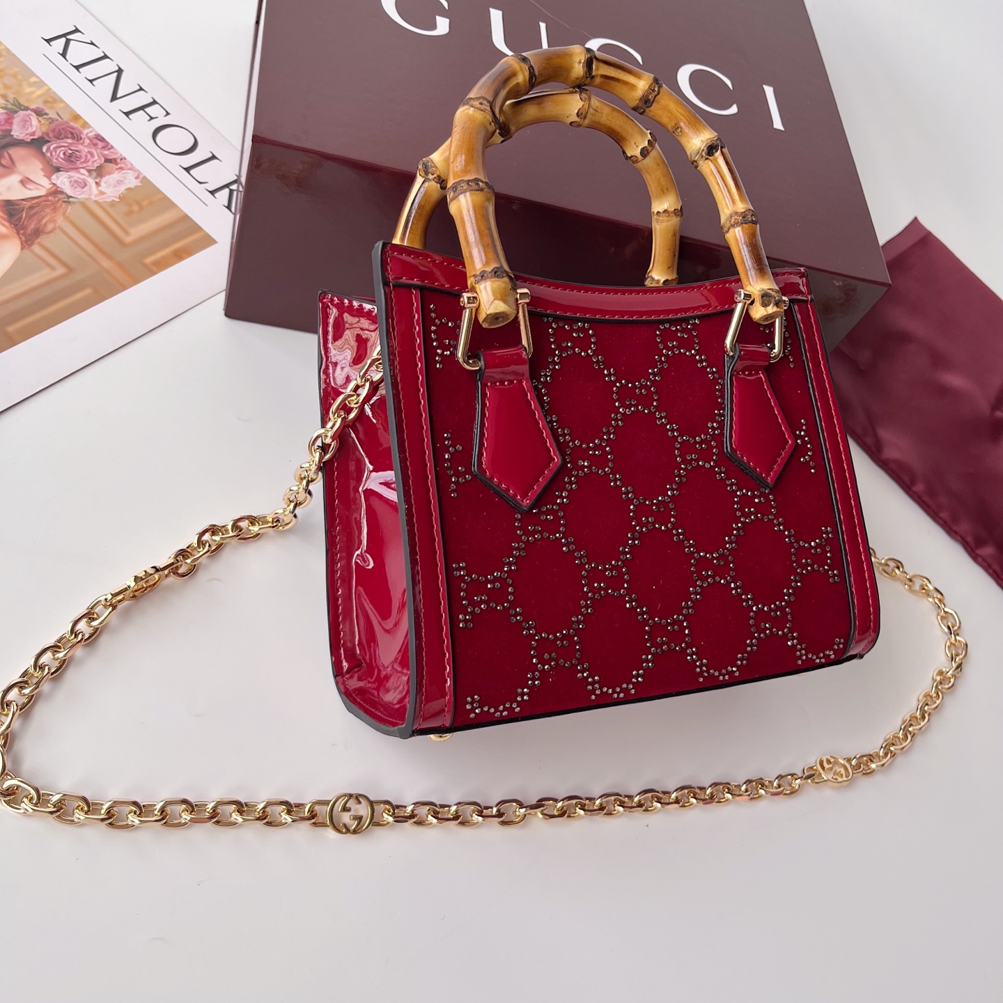 Gucci Diana 竹節手提包 酒紅色亮面皮革 迷你鍊條斜背包| 12 Gucci Diana 竹節手提包 酒紅色亮面皮革 迷你鍊條斜背包