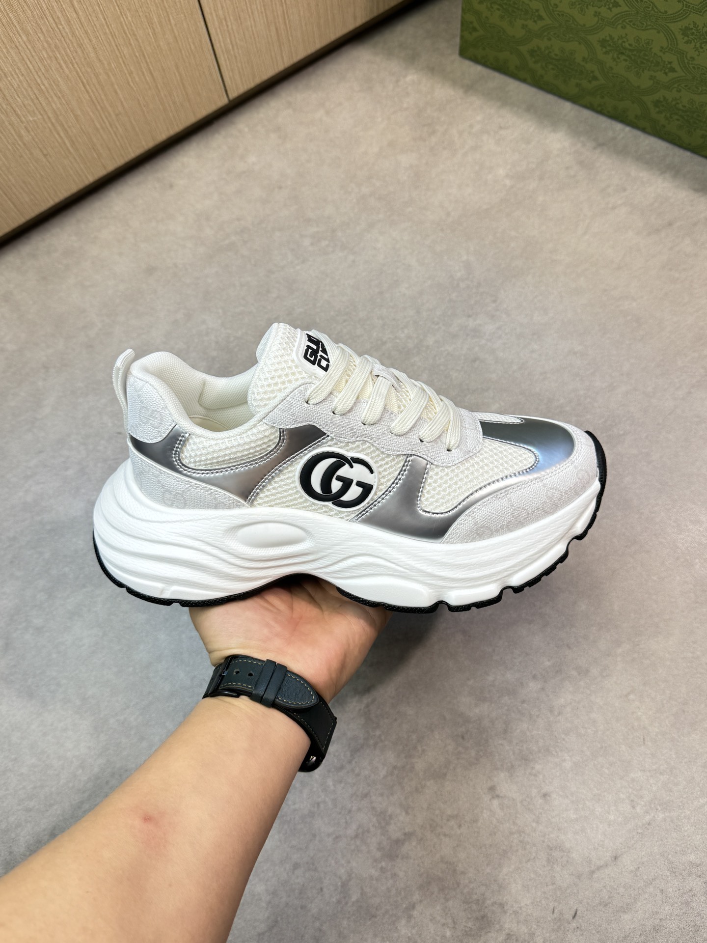 GUCCI 高仿女款厚底老爹鞋 銀白拼接運動鞋 時尚增高款| 12 GUCCI 高仿女款厚底老爹鞋 銀白拼接運動鞋 時尚增高款