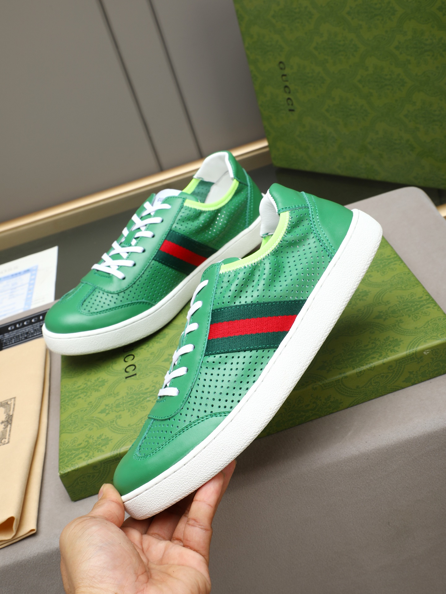 Gucci 高仿綠色紅綠織帶休閒鞋 潮流精品運動鞋
