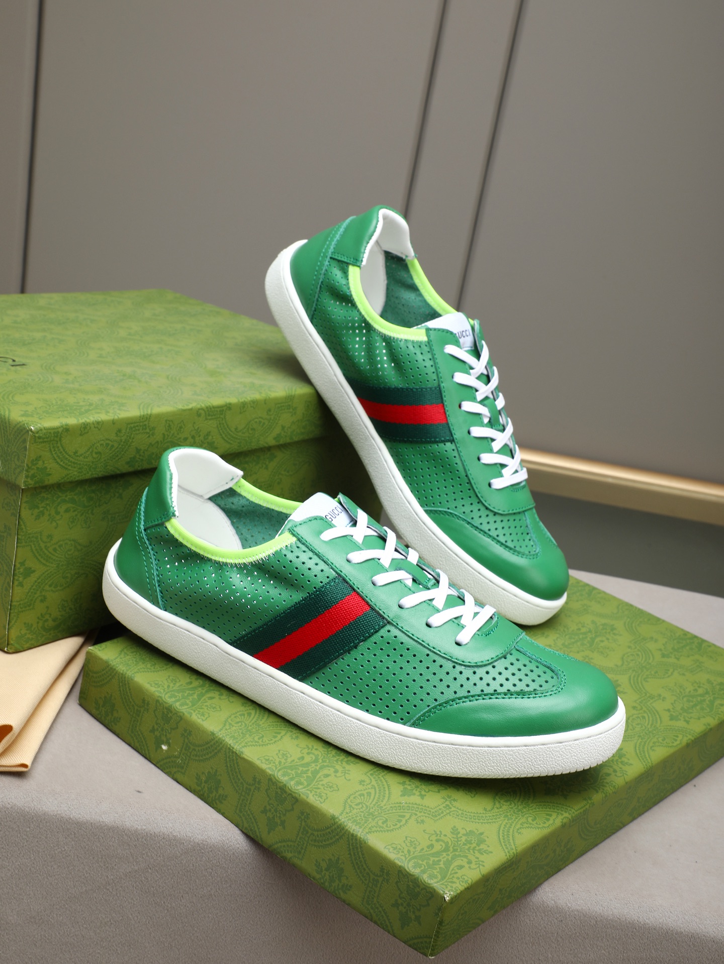 Gucci 高仿綠色紅綠織帶休閒鞋 潮流精品運動鞋