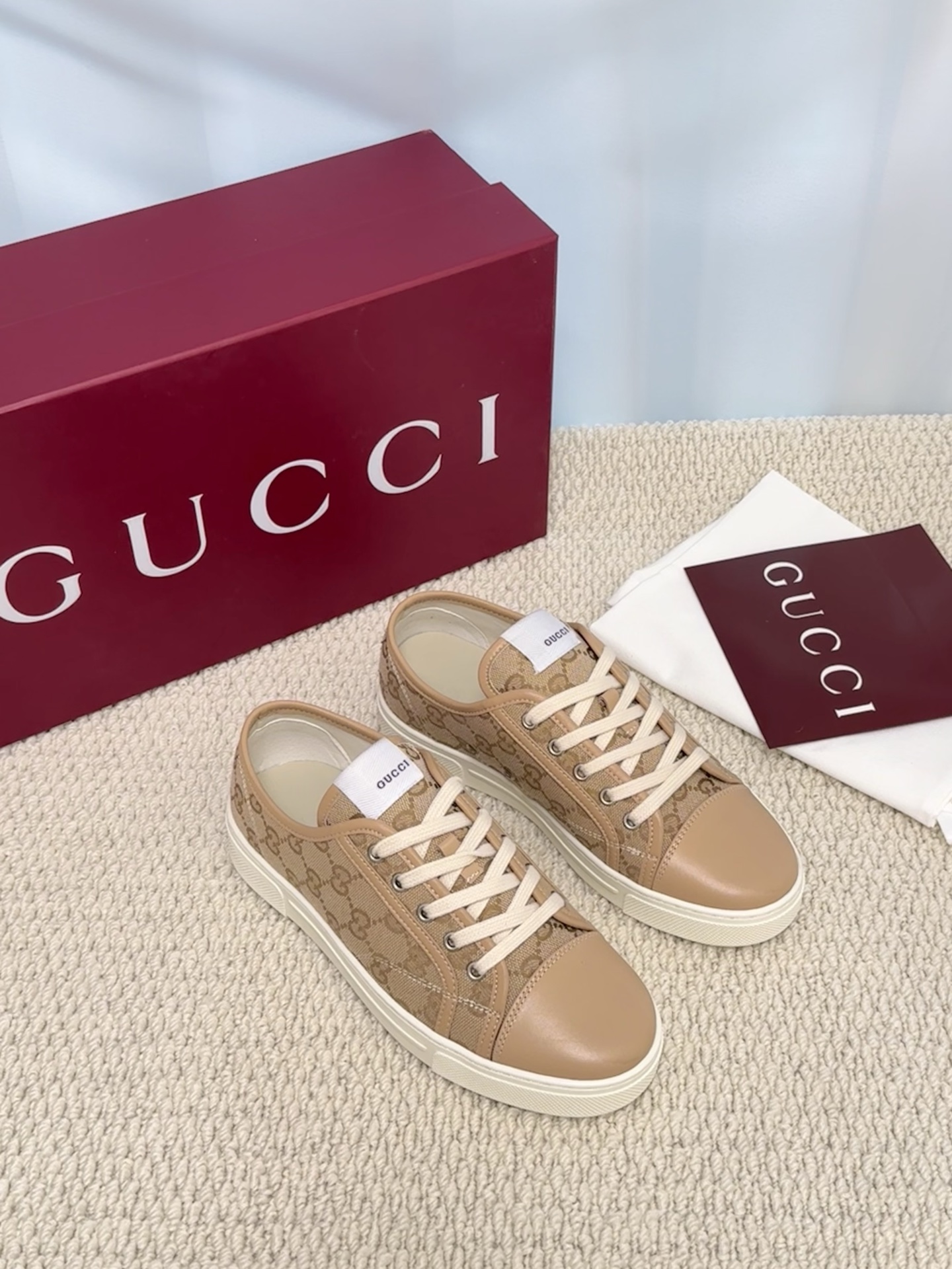 GUCCI 原單 男款 卡其GG老花低筒休閒鞋 輕奢百搭款
