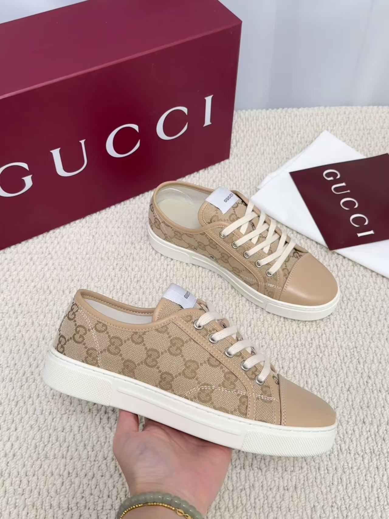 GUCCI 原單 男款 卡其GG老花低筒休閒鞋 輕奢百搭款