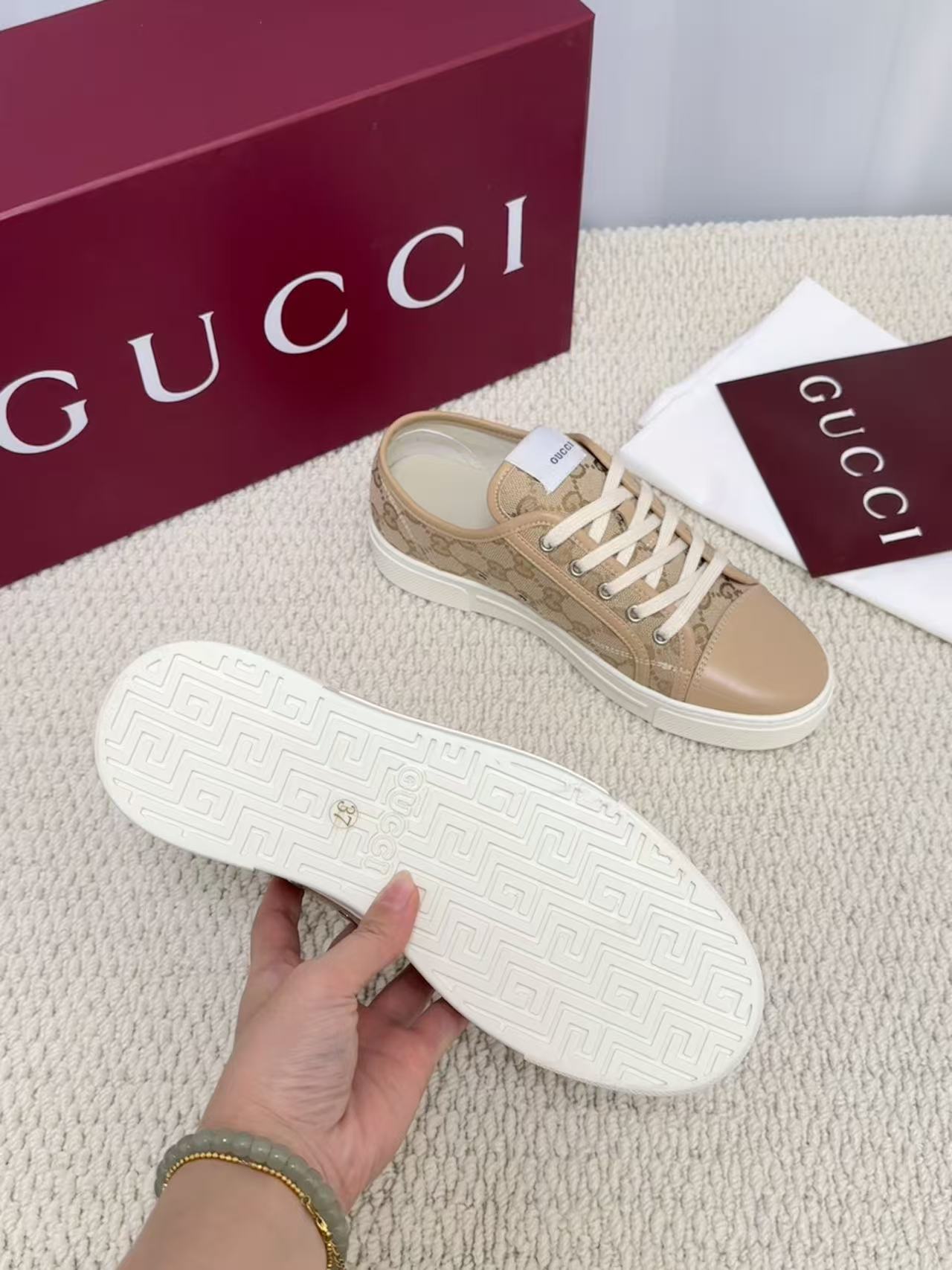 GUCCI 原單 男款 卡其GG老花低筒休閒鞋 輕奢百搭款