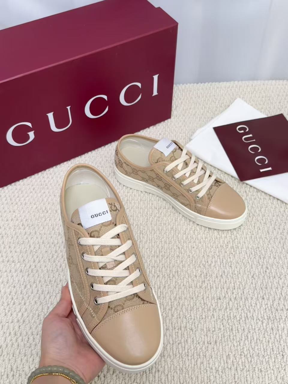 GUCCI 原單 男款 卡其GG老花低筒休閒鞋 輕奢百搭款