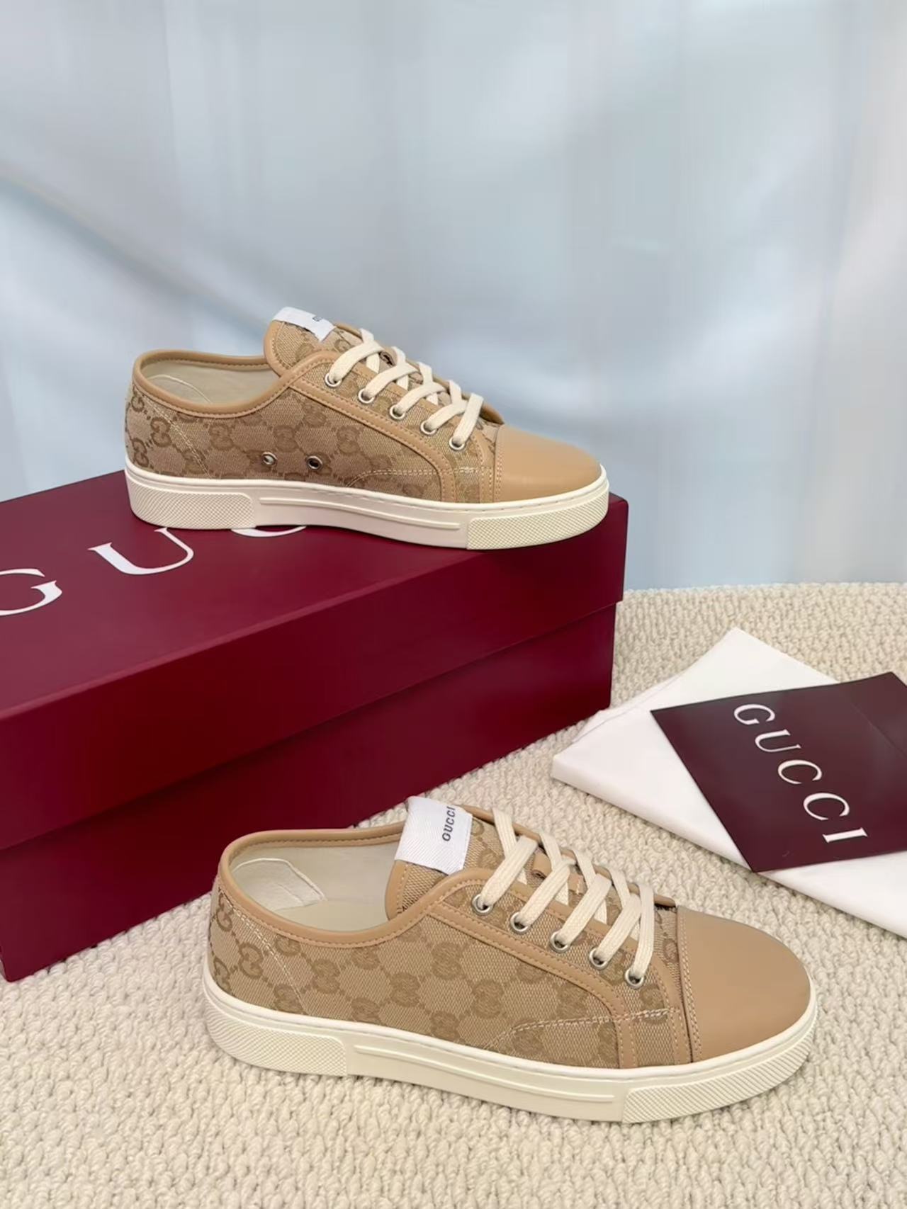 GUCCI 原單 男款 卡其GG老花低筒休閒鞋 輕奢百搭款