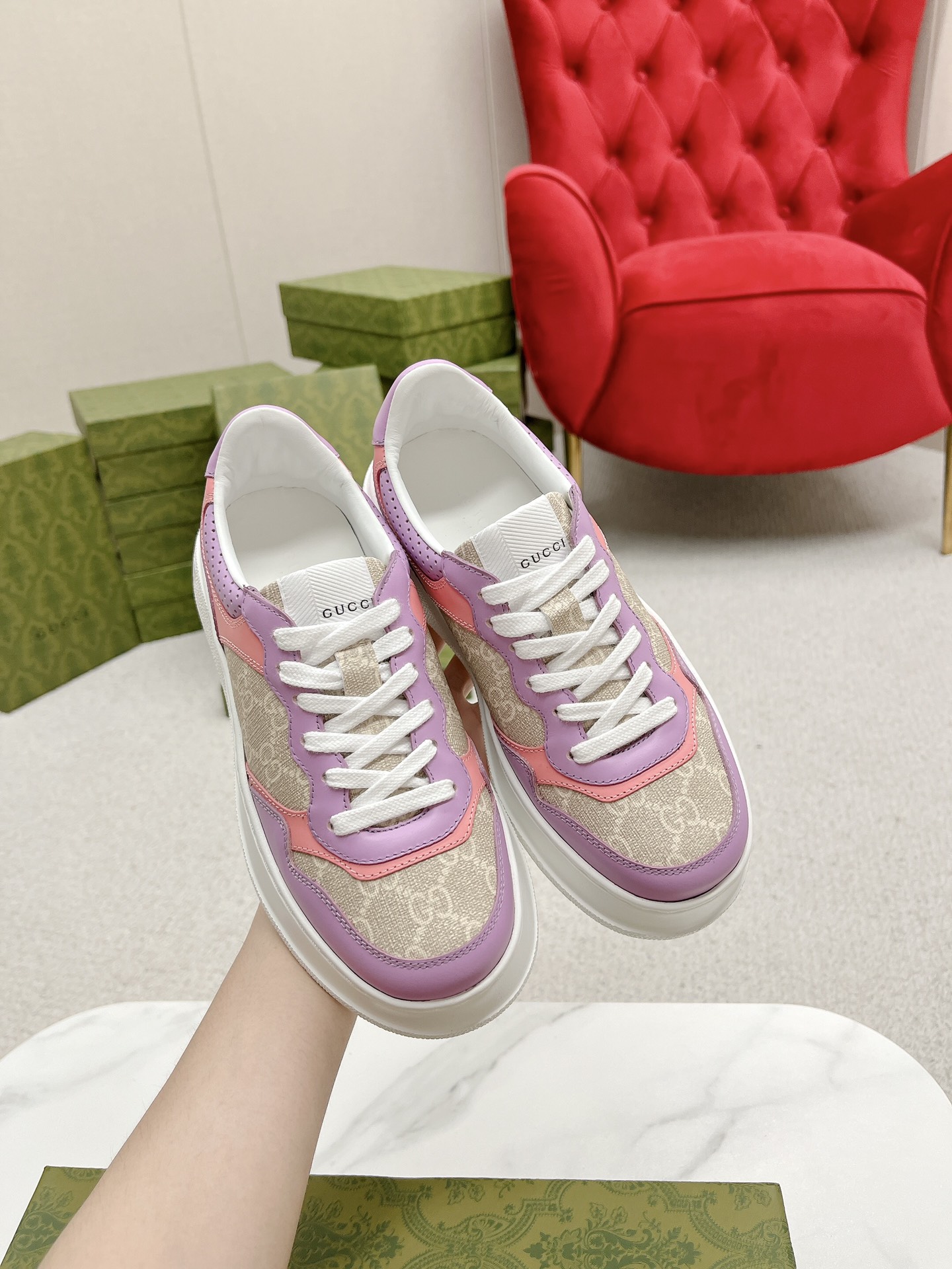 GUCCI 原單 女款 粉紫拼色厚底運動鞋 甜美潮流款