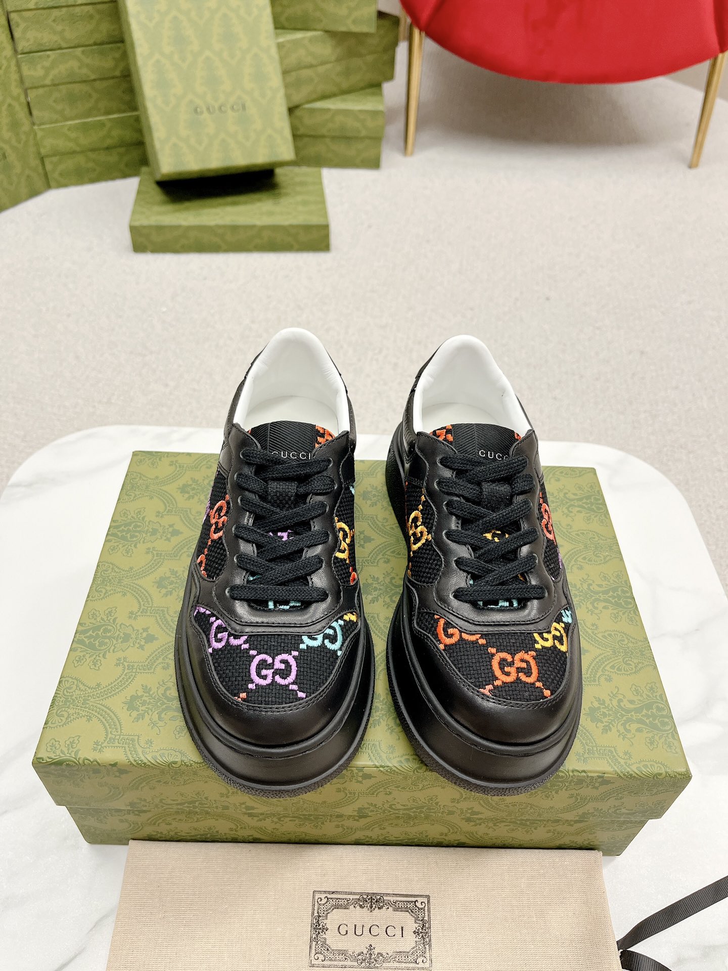 GUCCI 復刻 男款 黑彩GG刺繡厚底運動鞋 個性潮流款
