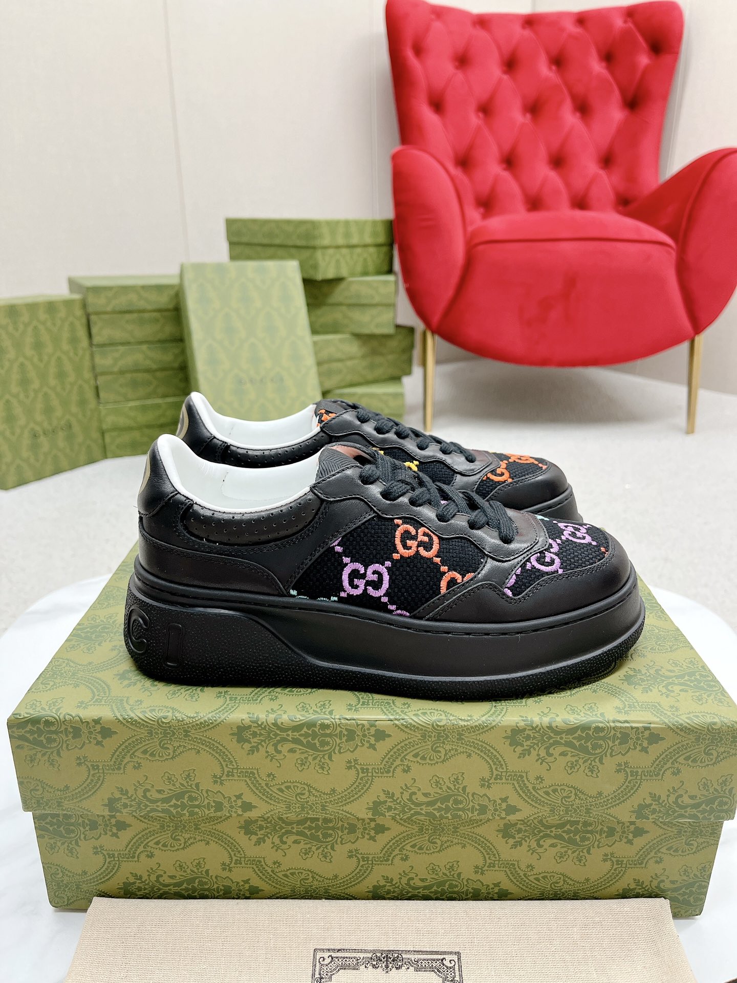 GUCCI 復刻 男款 黑彩GG刺繡厚底運動鞋 個性潮流款| 14 GUCCI 復刻 男款 黑彩GG刺繡厚底運動鞋 個性潮流款