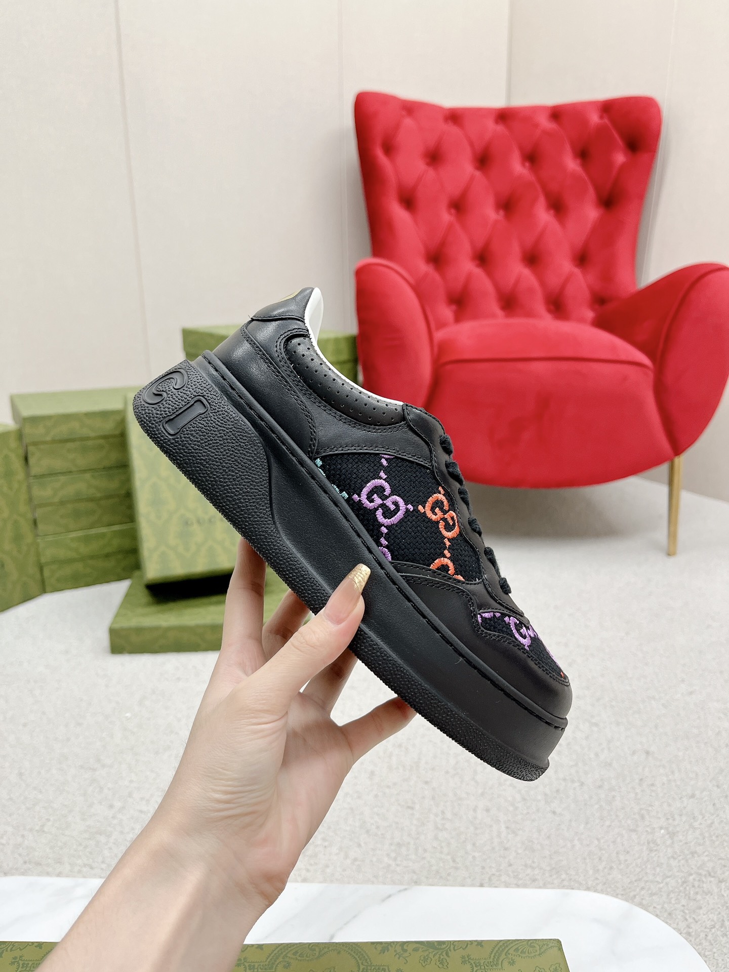 GUCCI 復刻 男款 黑彩GG刺繡厚底運動鞋 個性潮流款| 13 GUCCI 復刻 男款 黑彩GG刺繡厚底運動鞋 個性潮流款