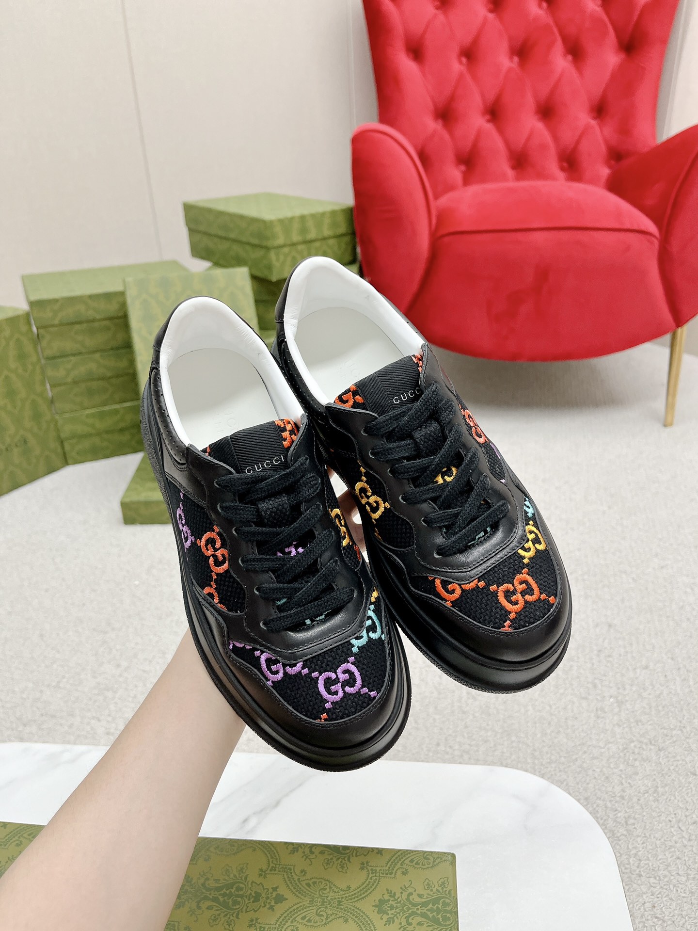 GUCCI 復刻 男款 黑彩GG刺繡厚底運動鞋 個性潮流款| 11 GUCCI 復刻 男款 黑彩GG刺繡厚底運動鞋 個性潮流款