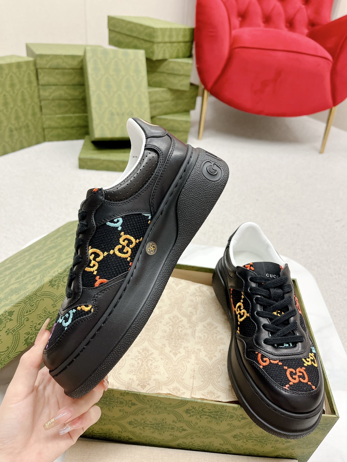 GUCCI 復刻 男款 黑彩GG刺繡厚底運動鞋 個性潮流款| 10 GUCCI 復刻 男款 黑彩GG刺繡厚底運動鞋 個性潮流款