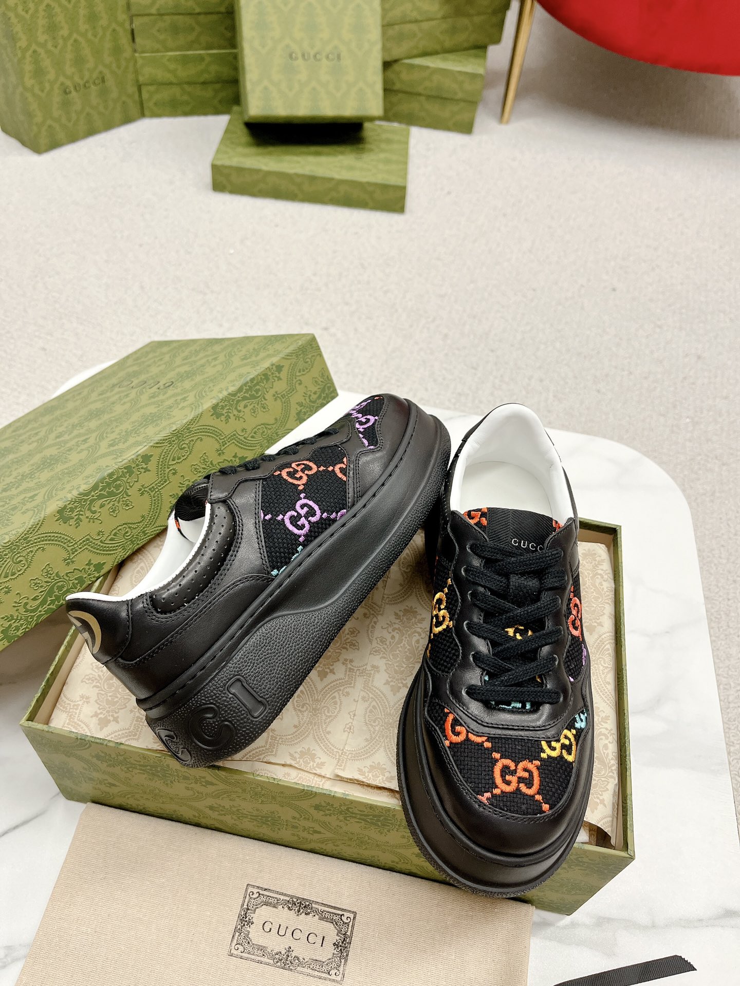 GUCCI 復刻 男款 黑彩GG刺繡厚底運動鞋 個性潮流款| 9 GUCCI 復刻 男款 黑彩GG刺繡厚底運動鞋 個性潮流款