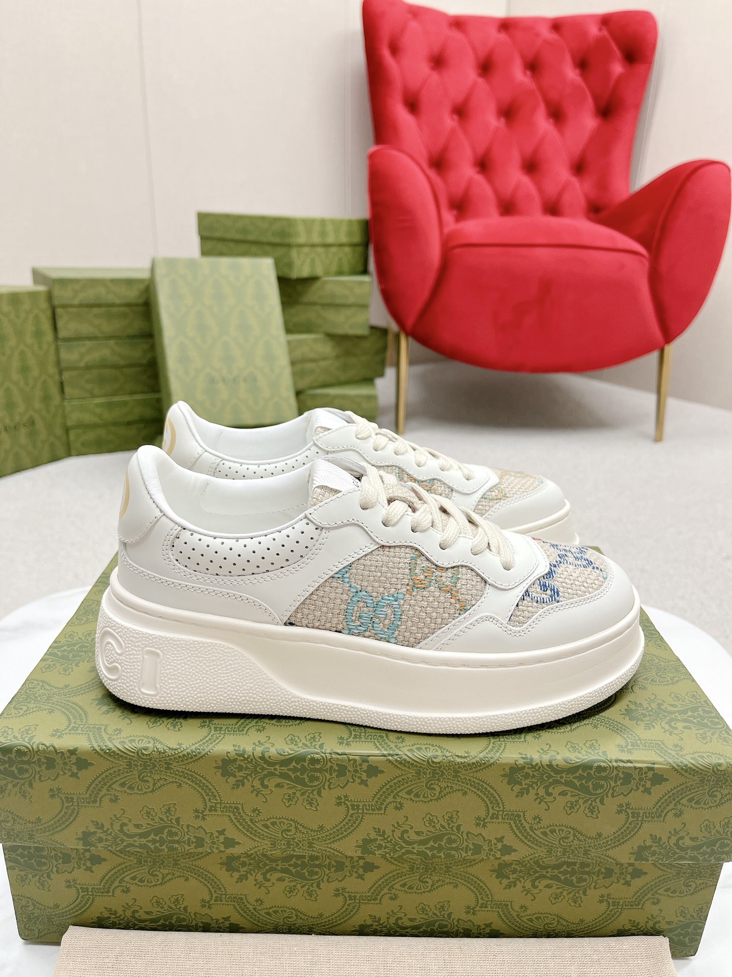 GUCCI 高仿 男款 米白彩色GG刺繡厚底運動鞋 潮流百搭款| 14 GUCCI 高仿 男款 米白彩色GG刺繡厚底運動鞋 潮流百搭款