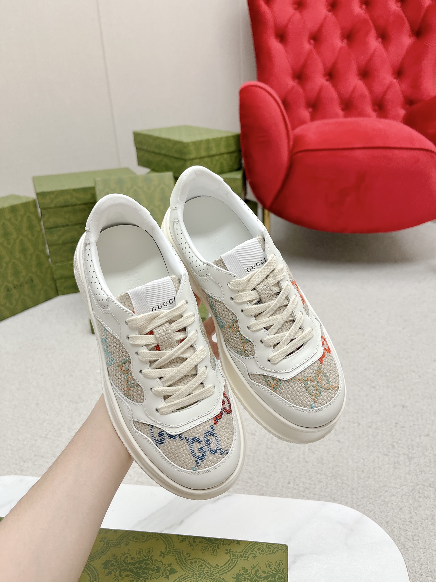 GUCCI 高仿 男款 米白彩色GG刺繡厚底運動鞋 潮流百搭款| 12 GUCCI 高仿 男款 米白彩色GG刺繡厚底運動鞋 潮流百搭款