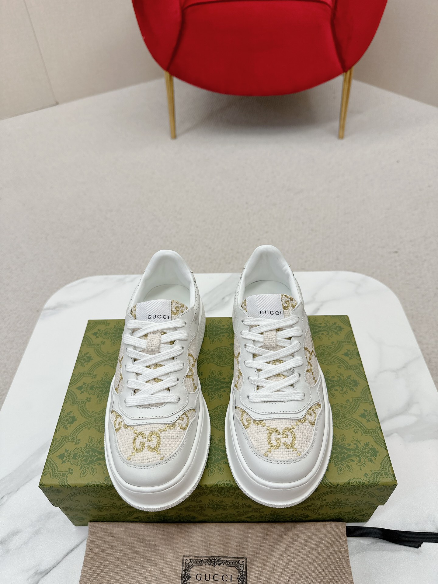 GUCCI 一比一 男款 白金GG刺繡厚底運動鞋 輕奢百搭款