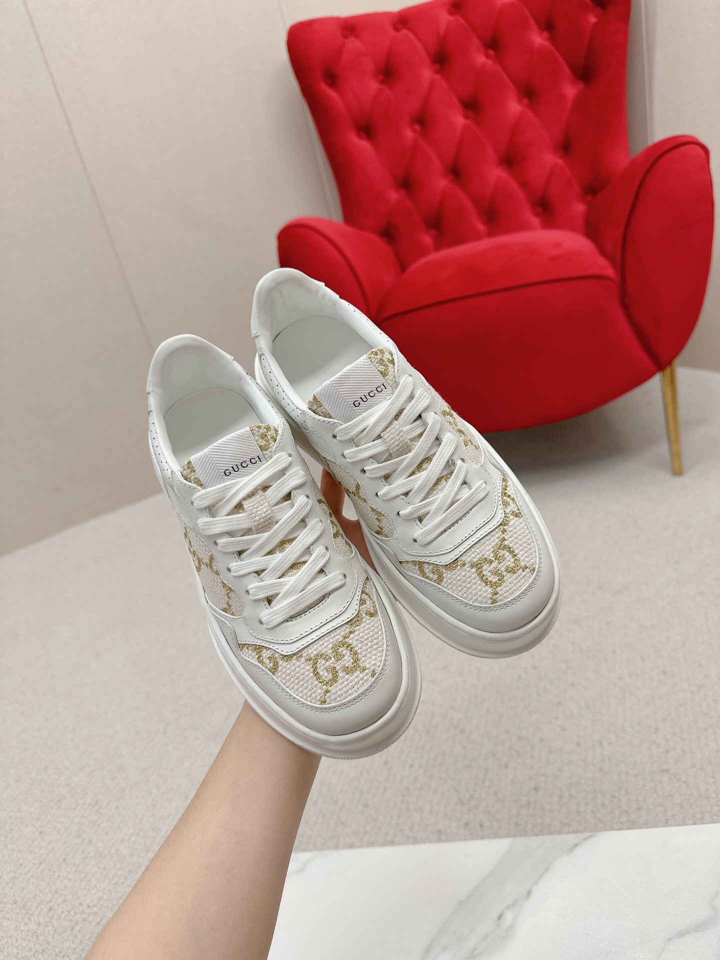 GUCCI 一比一 男款 白金GG刺繡厚底運動鞋 輕奢百搭款