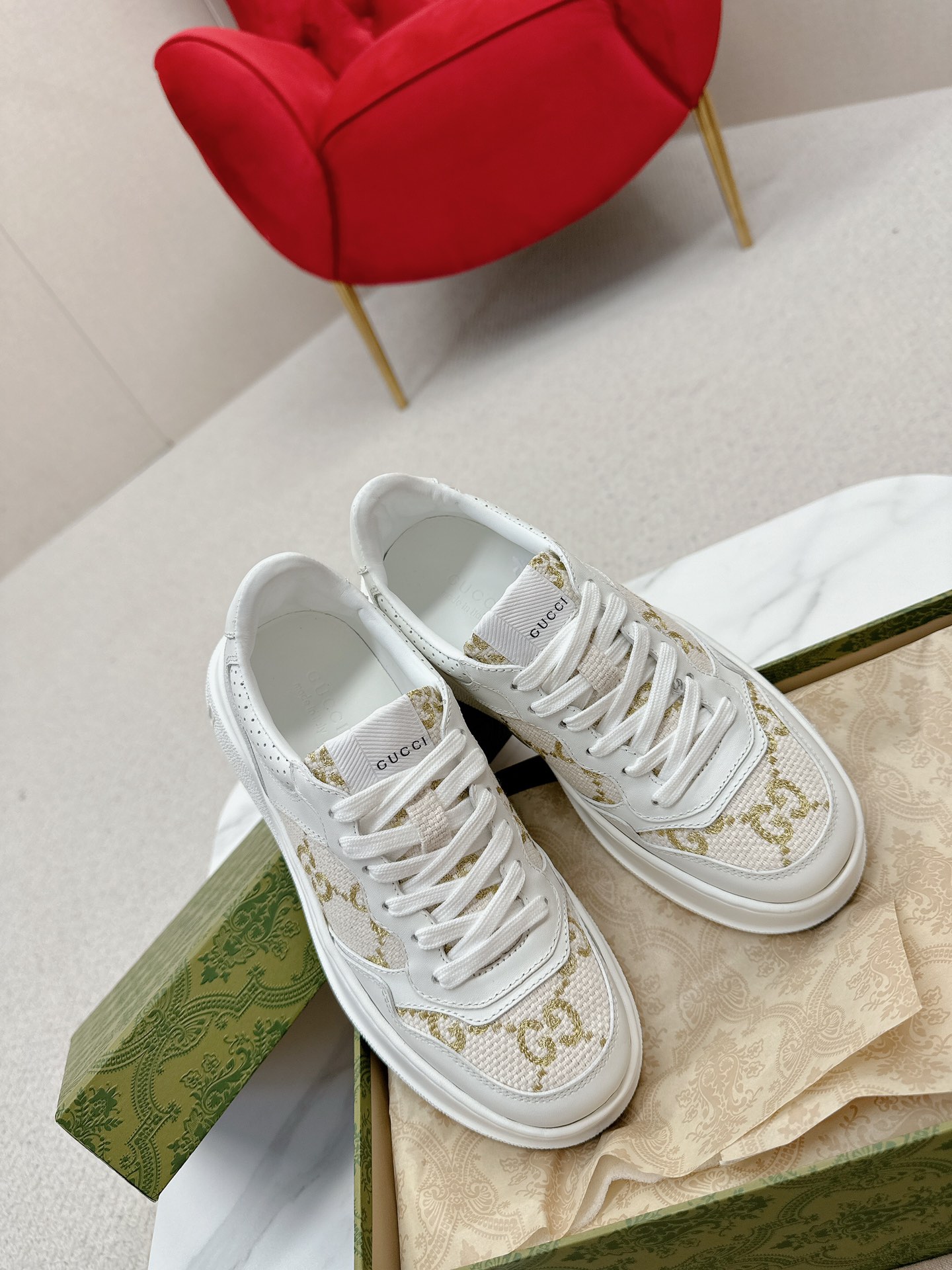 GUCCI 一比一 男款 白金GG刺繡厚底運動鞋 輕奢百搭款