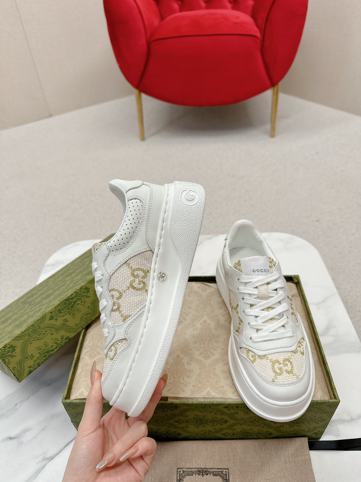 GUCCI 一比一 男款 白金GG刺繡厚底運動鞋 輕奢百搭款
