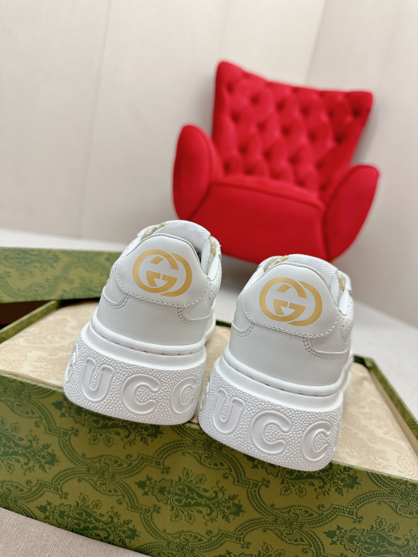 GUCCI 一比一 男款 白金GG刺繡厚底運動鞋 輕奢百搭款