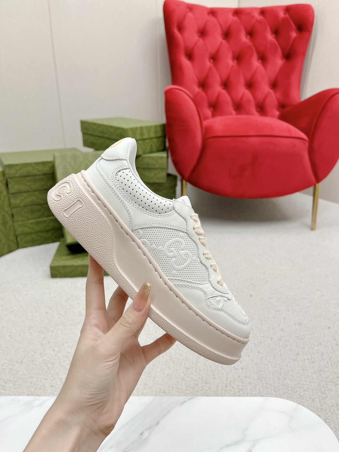 Gucci 原單 女款 米白粉拼色厚底運動鞋 氣質百搭款| 13 Gucci 原單 女款 米白粉拼色厚底運動鞋 氣質百搭款