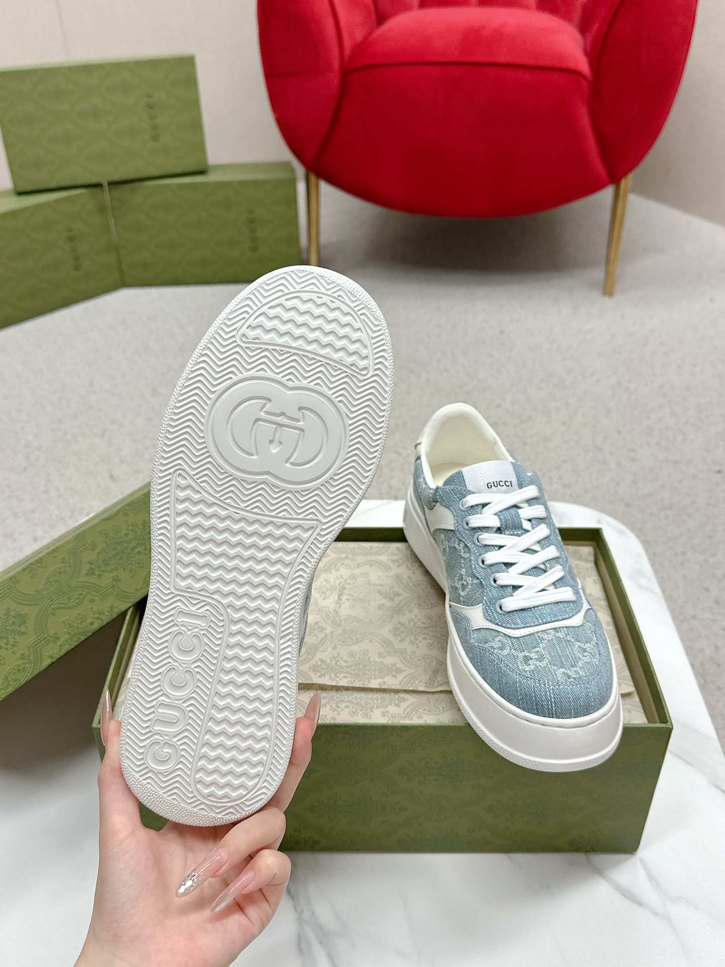 Gucci 復刻 女款 牛仔拼接厚底運動鞋 清新潮流風
