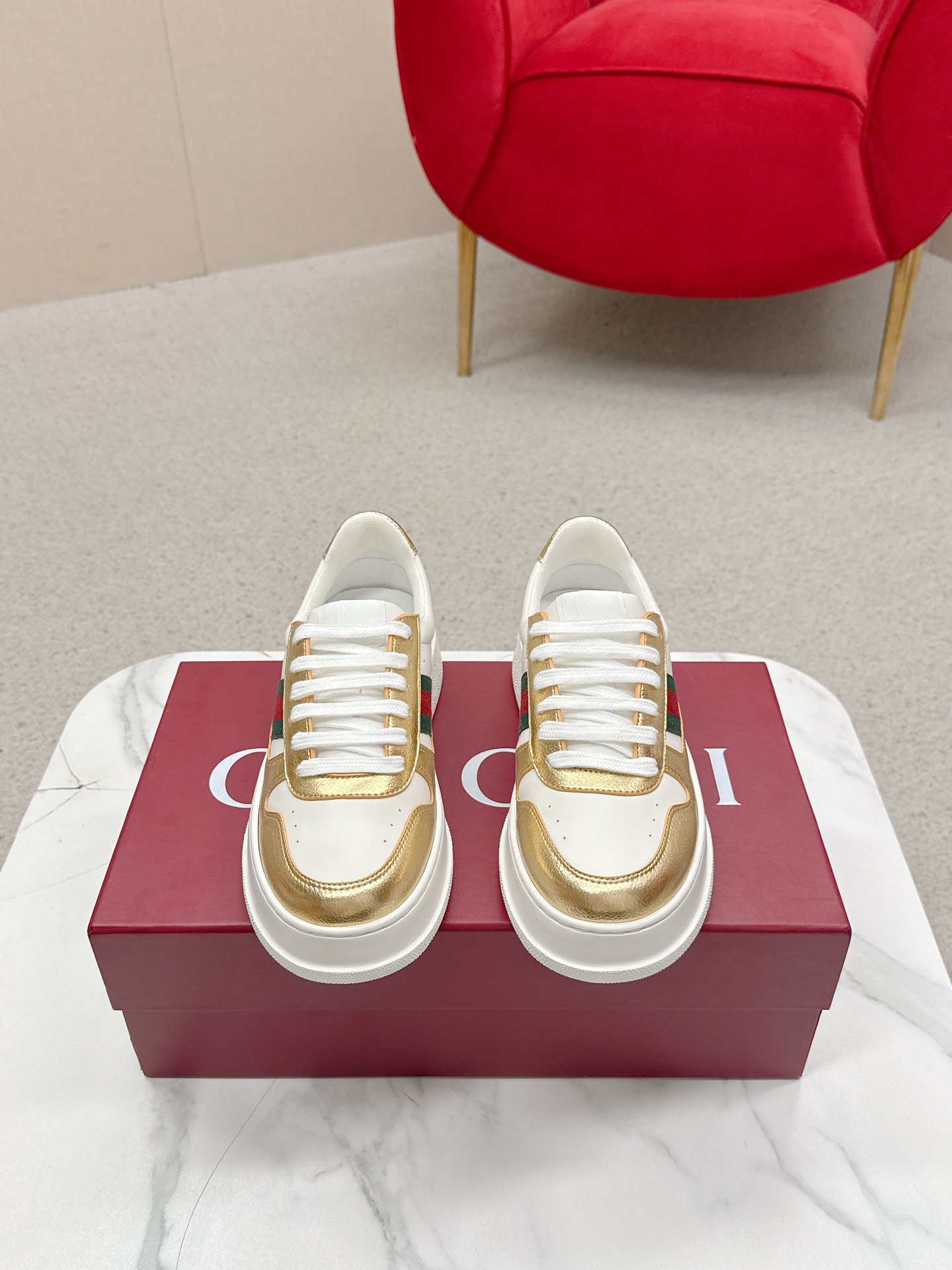 Gucci 原單 女款 白金拼色厚底休閒鞋 輕奢時尚百搭款