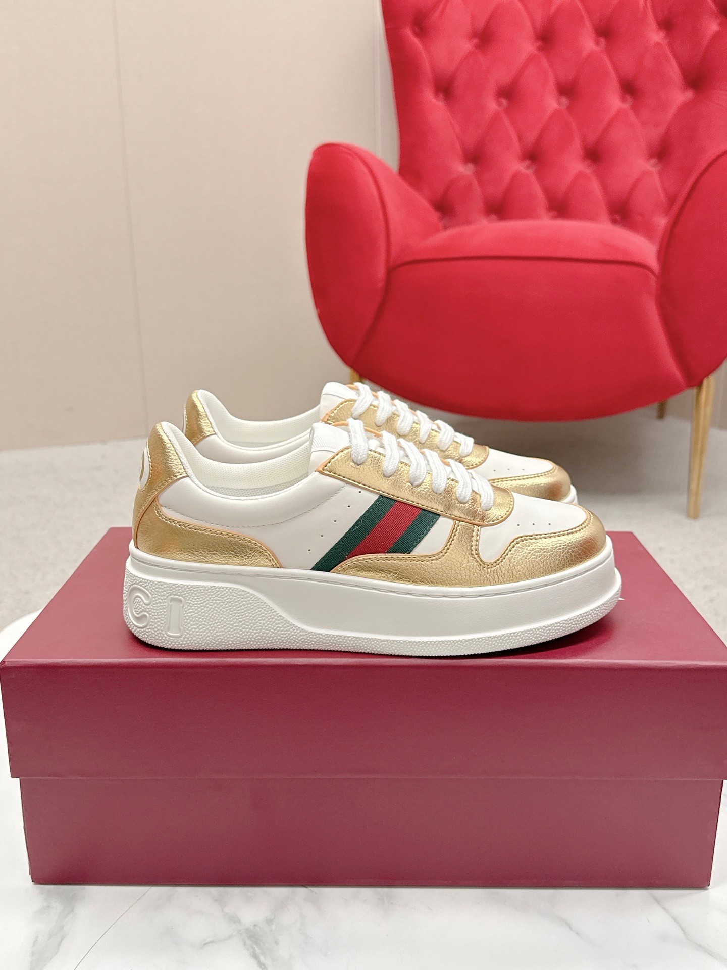 Gucci 原單 女款 白金拼色厚底休閒鞋 輕奢時尚百搭款| 13 Gucci 原單 女款 白金拼色厚底休閒鞋 輕奢時尚百搭款