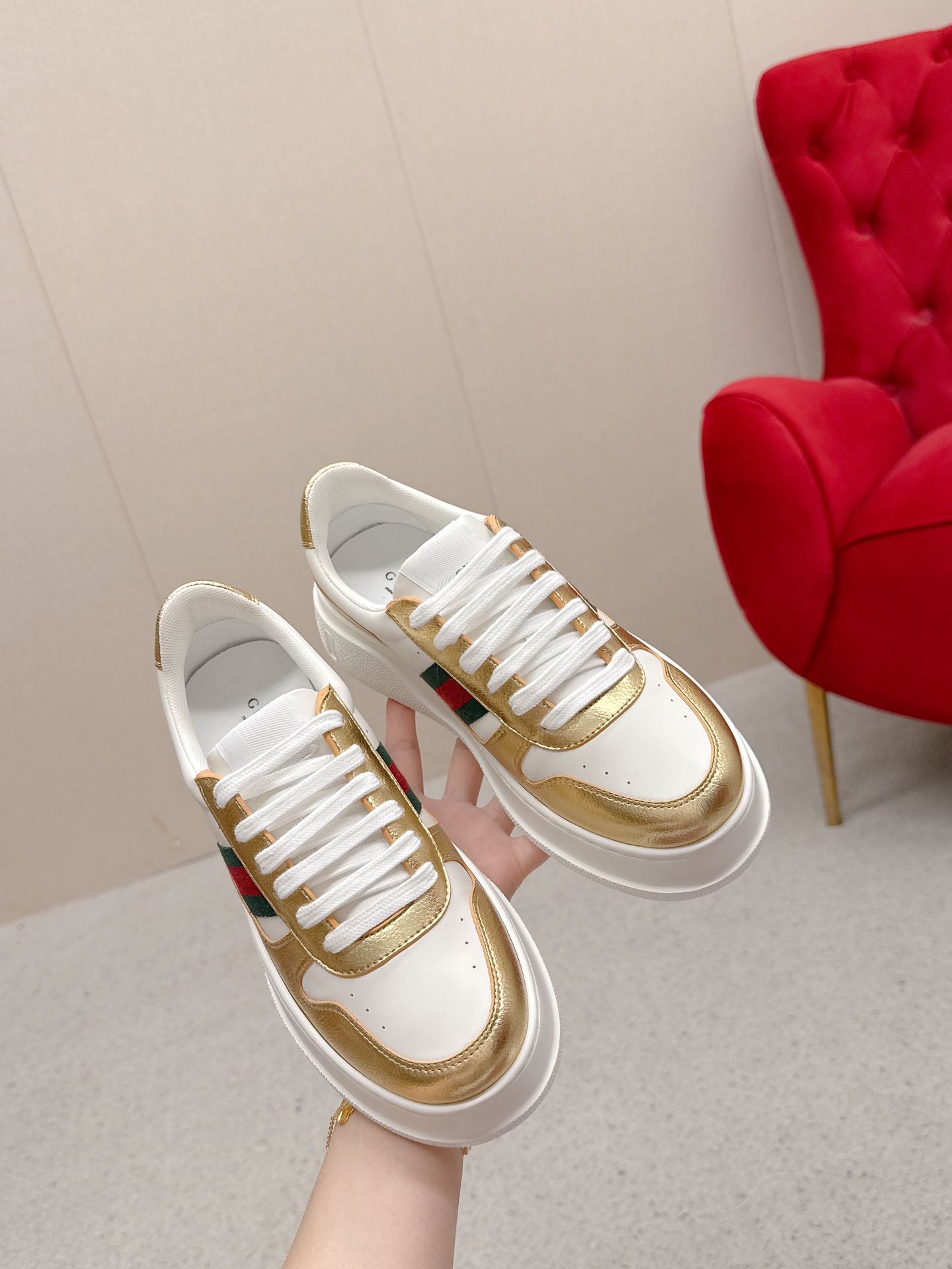 Gucci 原單 女款 白金拼色厚底休閒鞋 輕奢時尚百搭款| 10 Gucci 原單 女款 白金拼色厚底休閒鞋 輕奢時尚百搭款