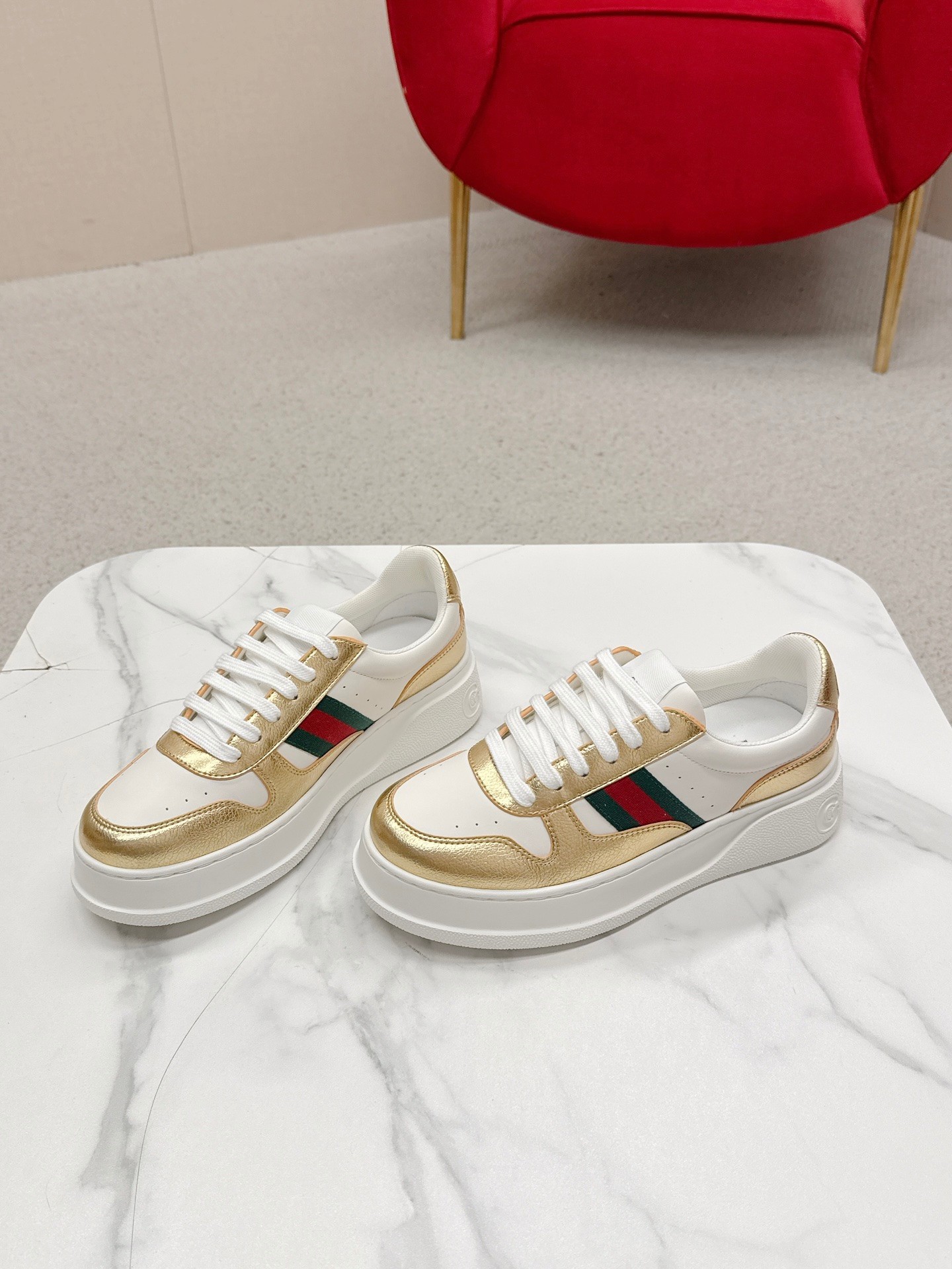 Gucci 原單 女款 白金拼色厚底休閒鞋 輕奢時尚百搭款| 9 Gucci 原單 女款 白金拼色厚底休閒鞋 輕奢時尚百搭款