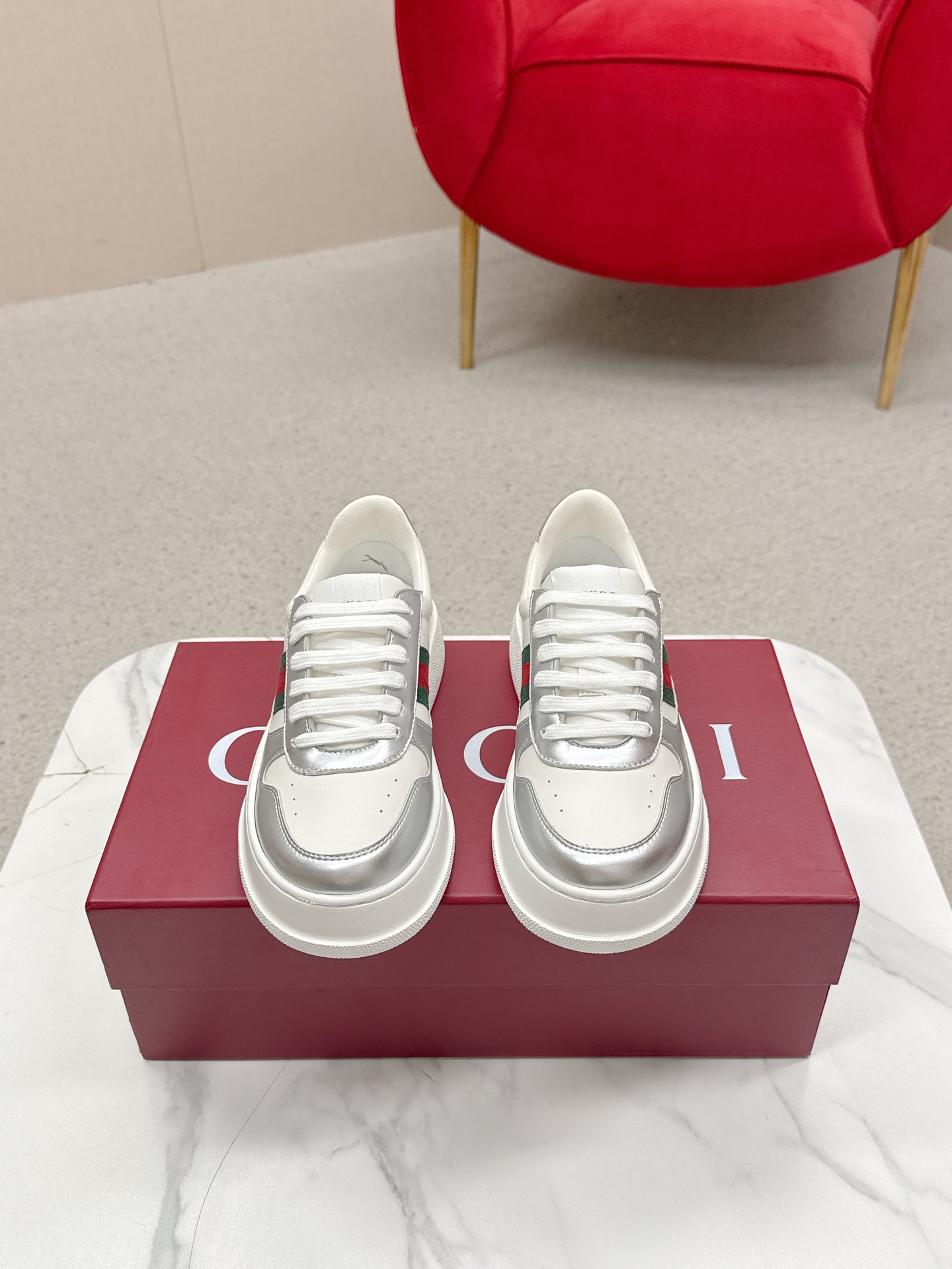 Gucci A貨 男女款 白銀拼接厚底運動鞋 時尚簡約潮流款