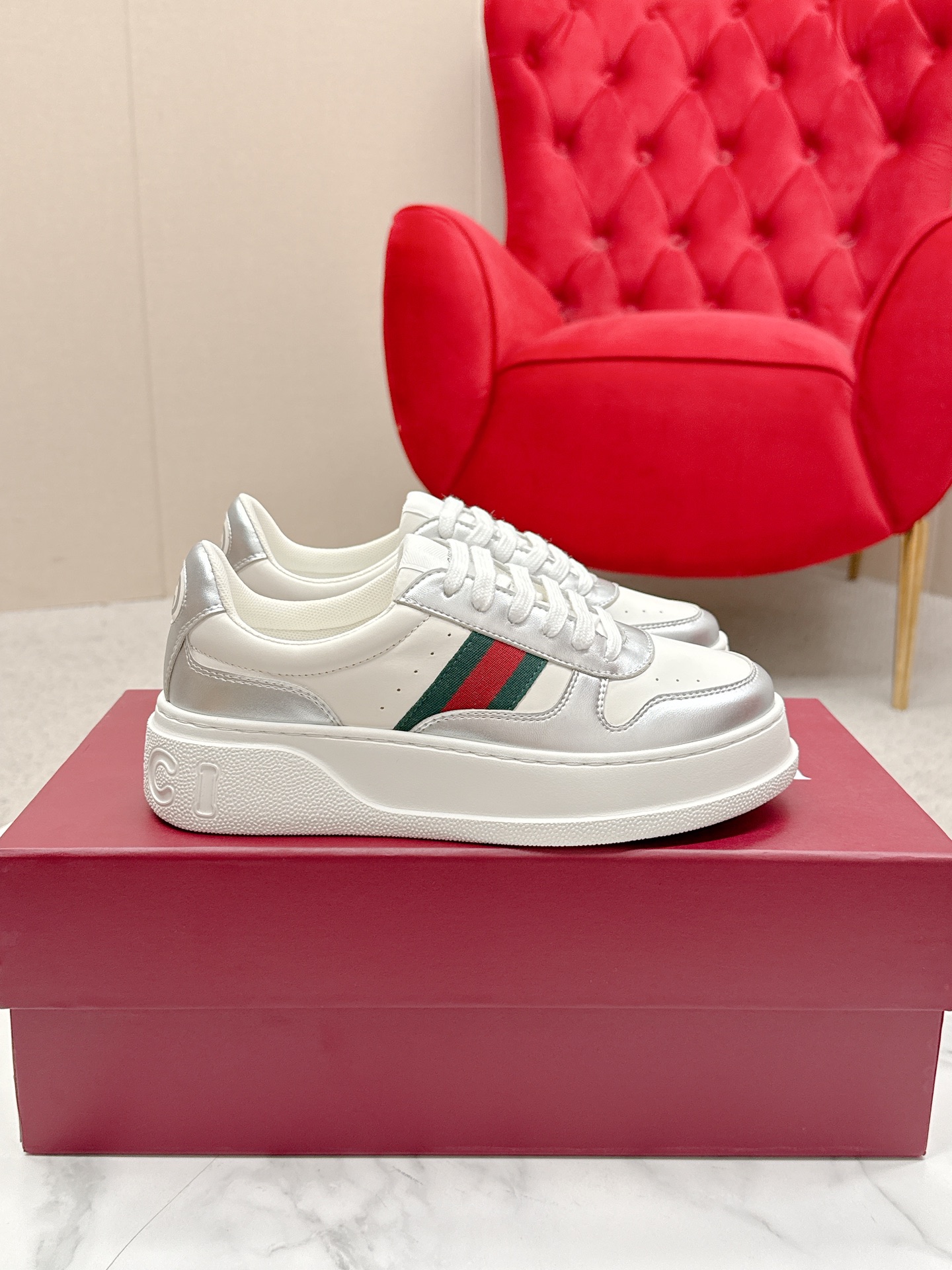 Gucci A貨 男女款 白銀拼接厚底運動鞋 時尚簡約潮流款