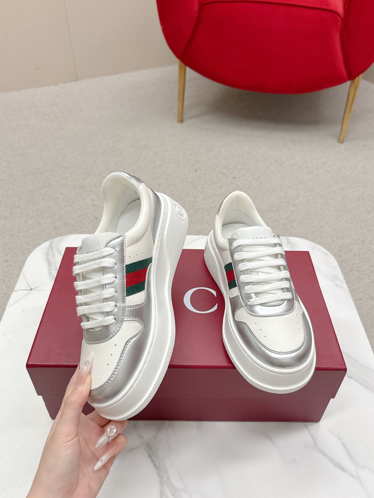 Gucci A貨 男女款 白銀拼接厚底運動鞋 時尚簡約潮流款
