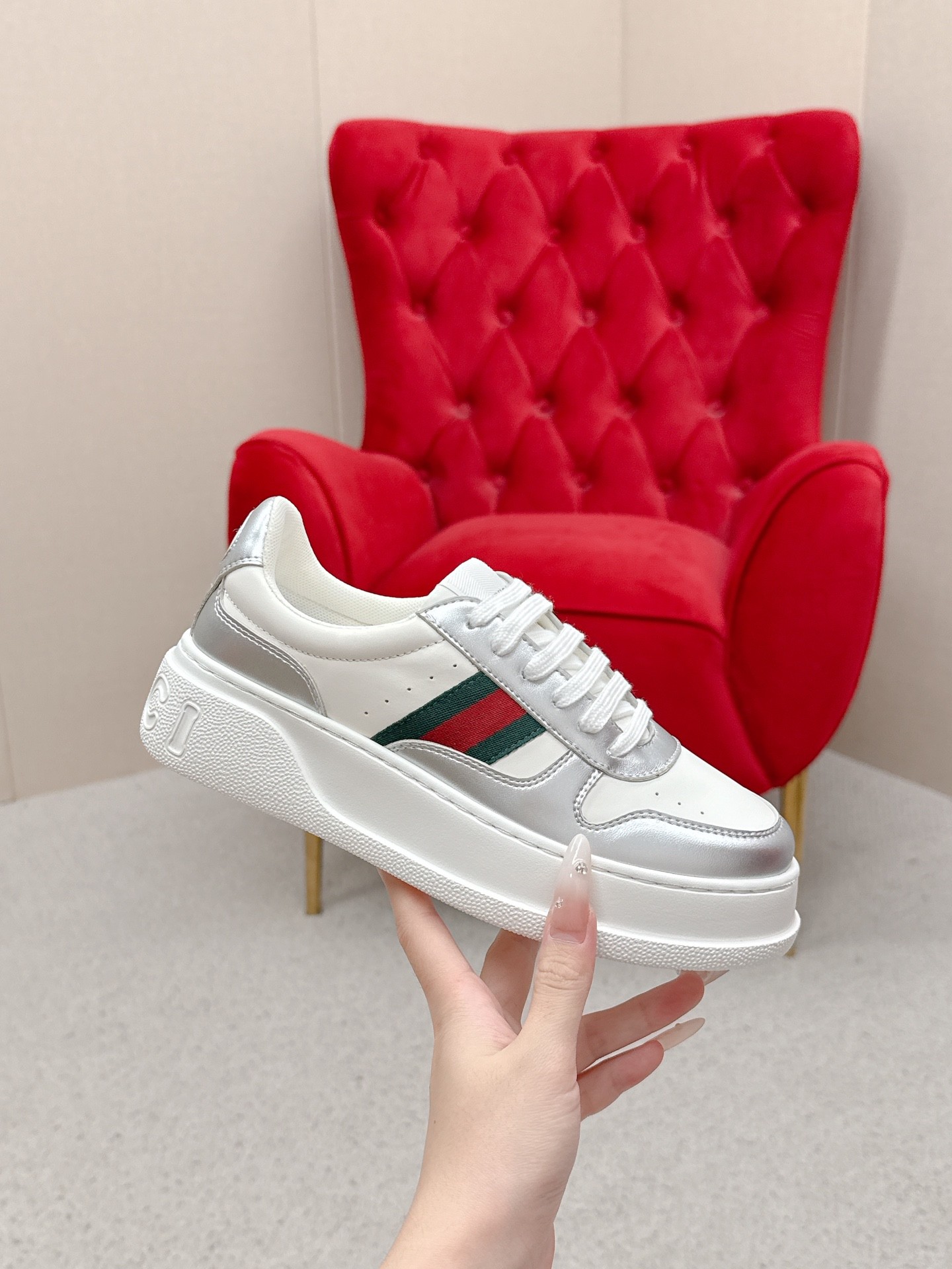 Gucci A貨 男女款 白銀拼接厚底運動鞋 時尚簡約潮流款