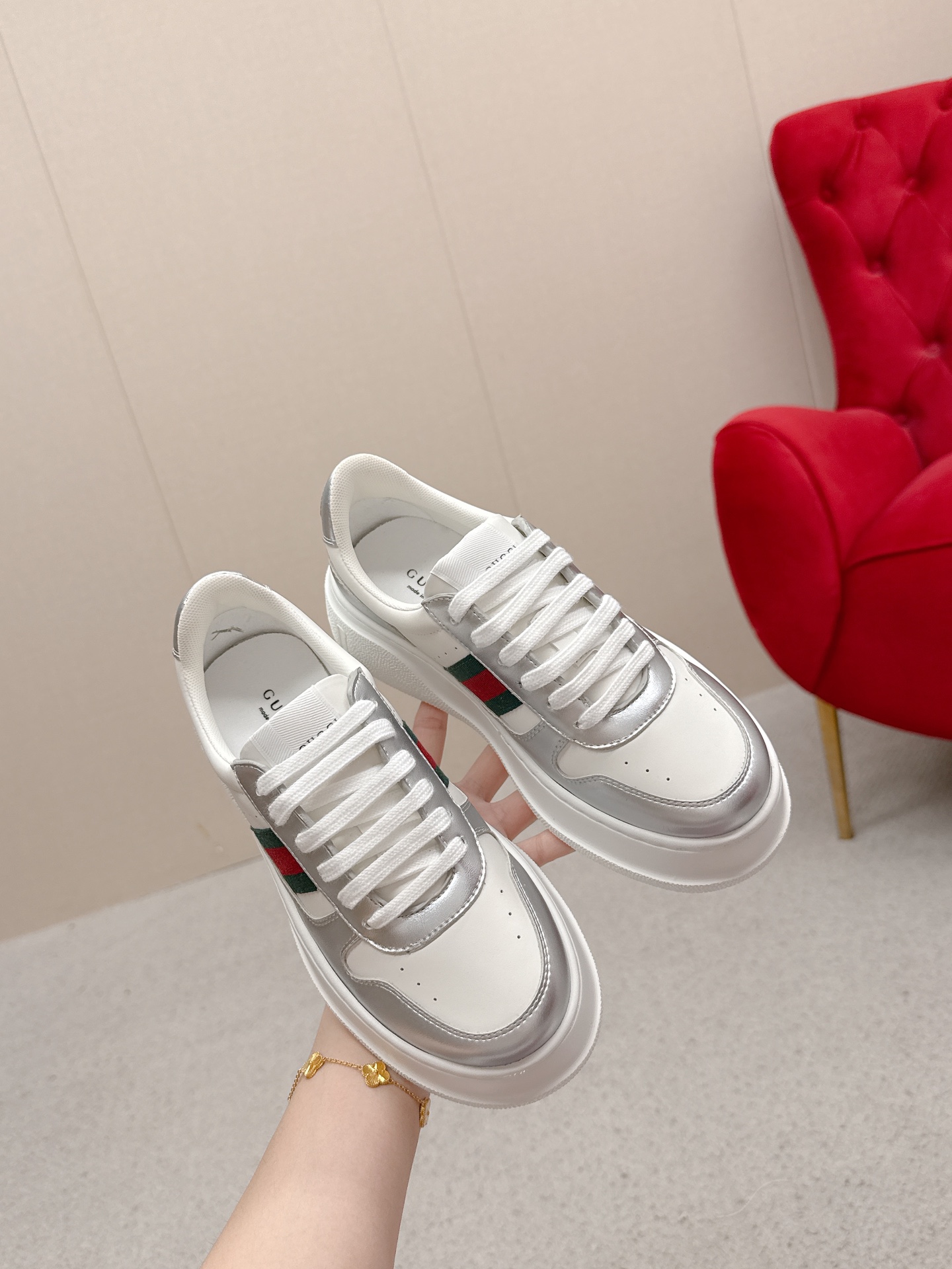 Gucci A貨 男女款 白銀拼接厚底運動鞋 時尚簡約潮流款
