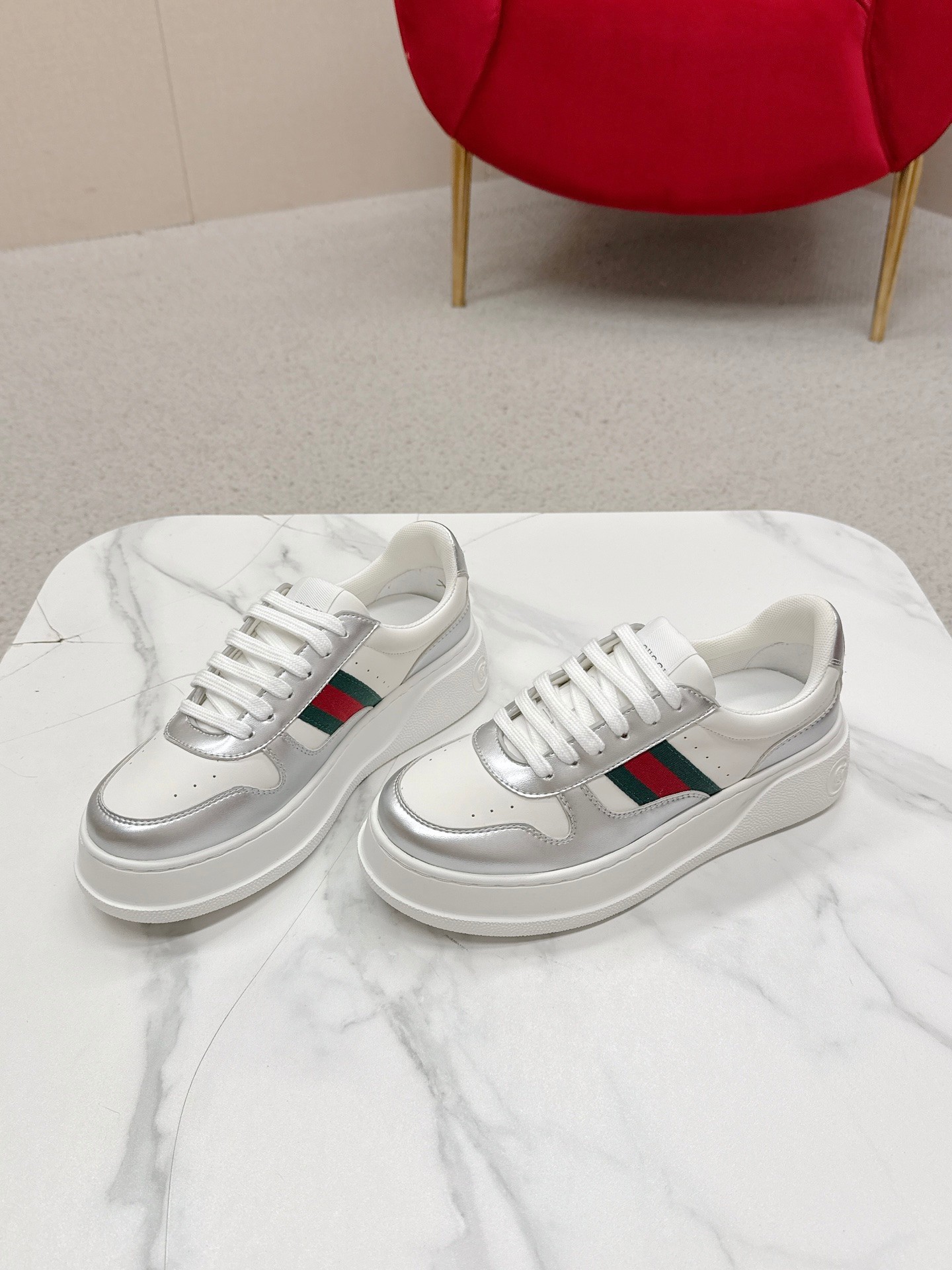 Gucci A貨 男女款 白銀拼接厚底運動鞋 時尚簡約潮流款