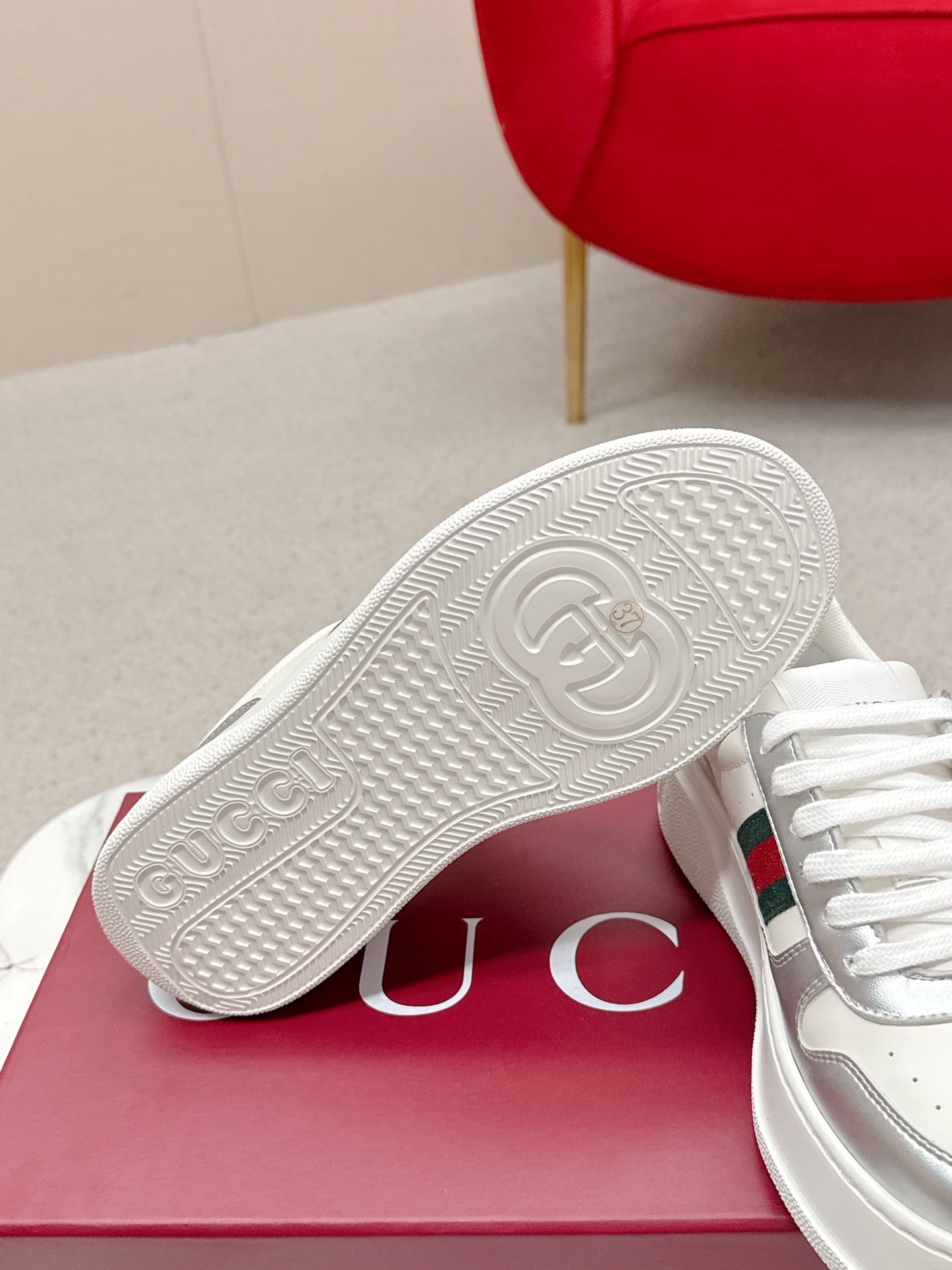 Gucci A貨 男女款 白銀拼接厚底運動鞋 時尚簡約潮流款