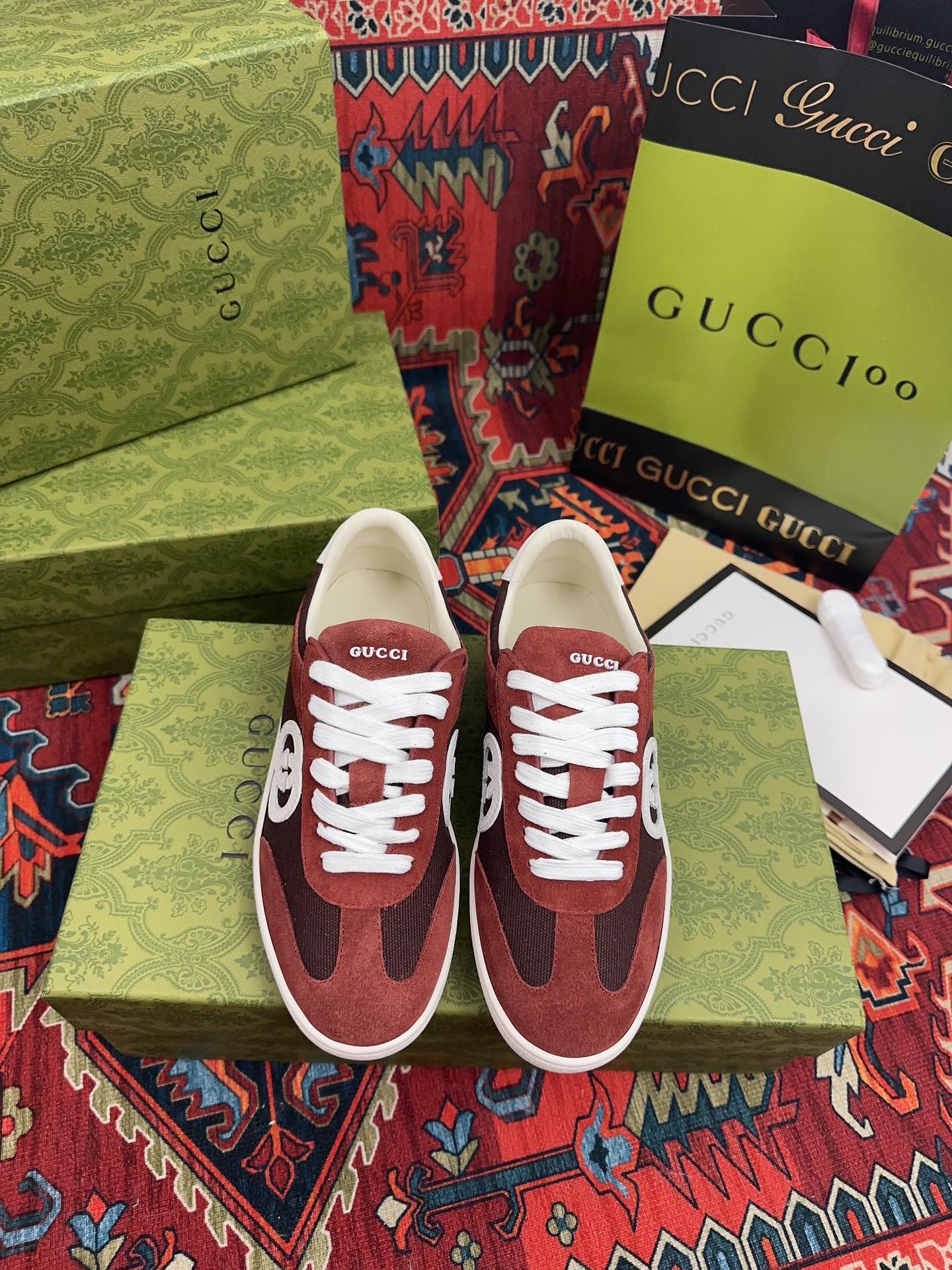 Gucci 一比一 男女款 酒紅麂皮復古運動鞋 質感潮流百搭款