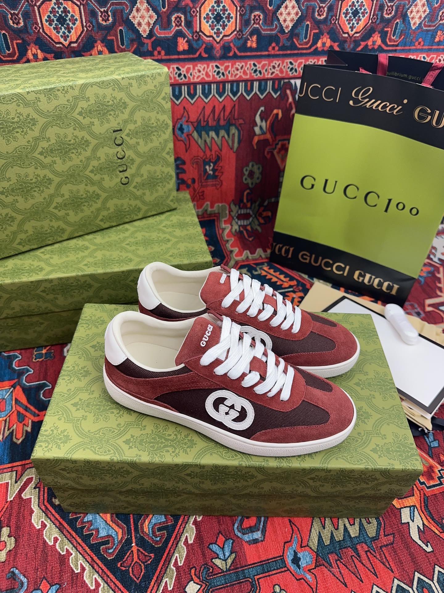 Gucci 一比一 男女款 酒紅麂皮復古運動鞋 質感潮流百搭款