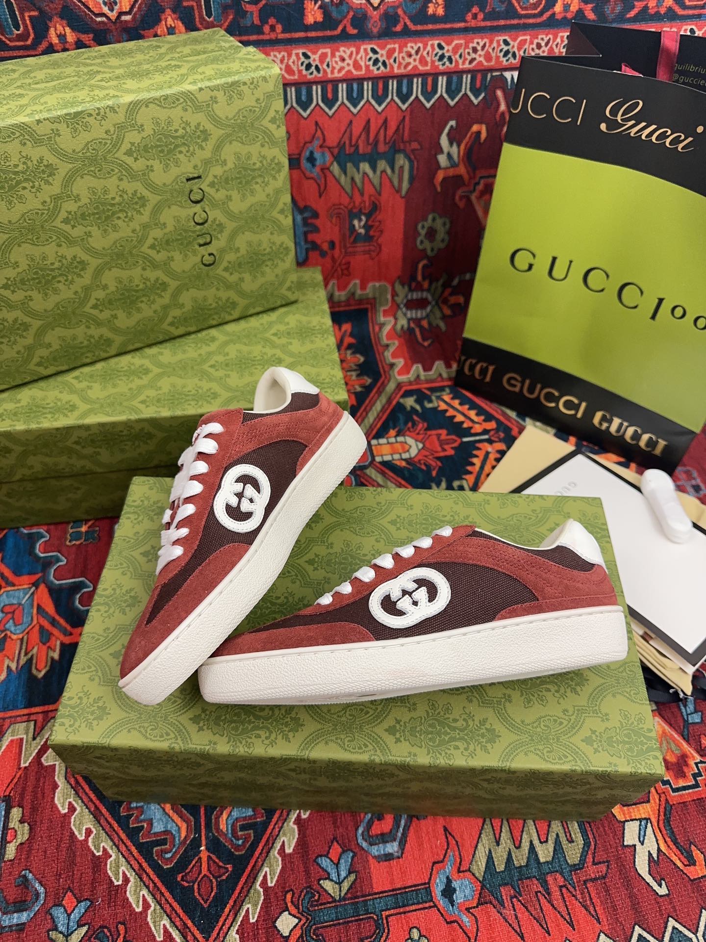 Gucci 一比一 男女款 酒紅麂皮復古運動鞋 質感潮流百搭款
