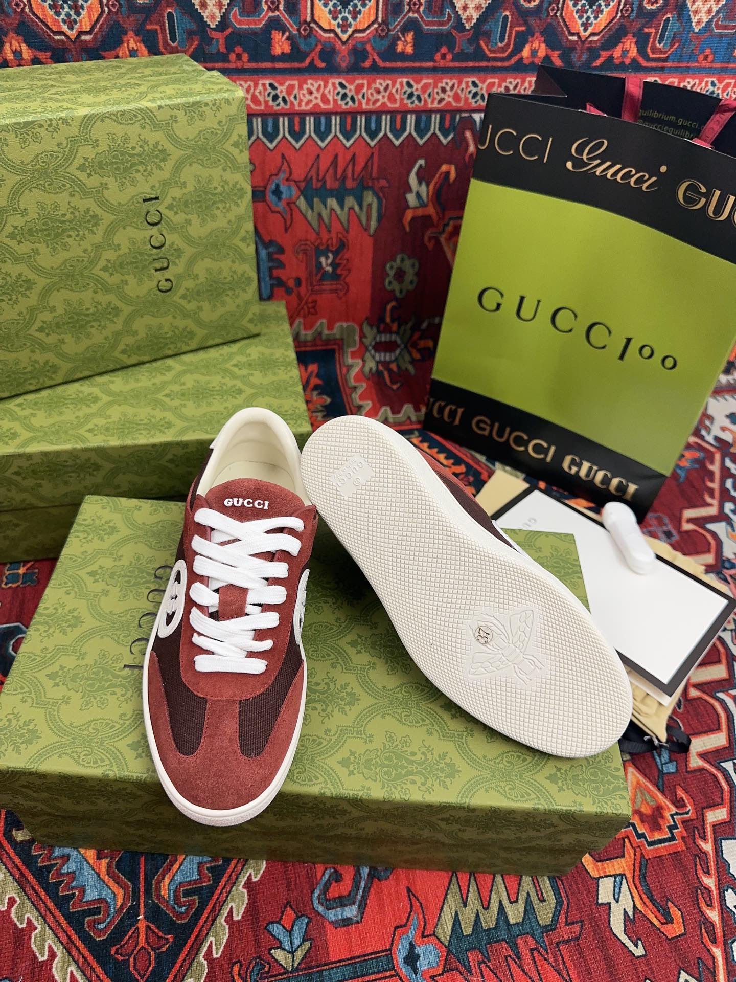 Gucci 一比一 男女款 酒紅麂皮復古運動鞋 質感潮流百搭款