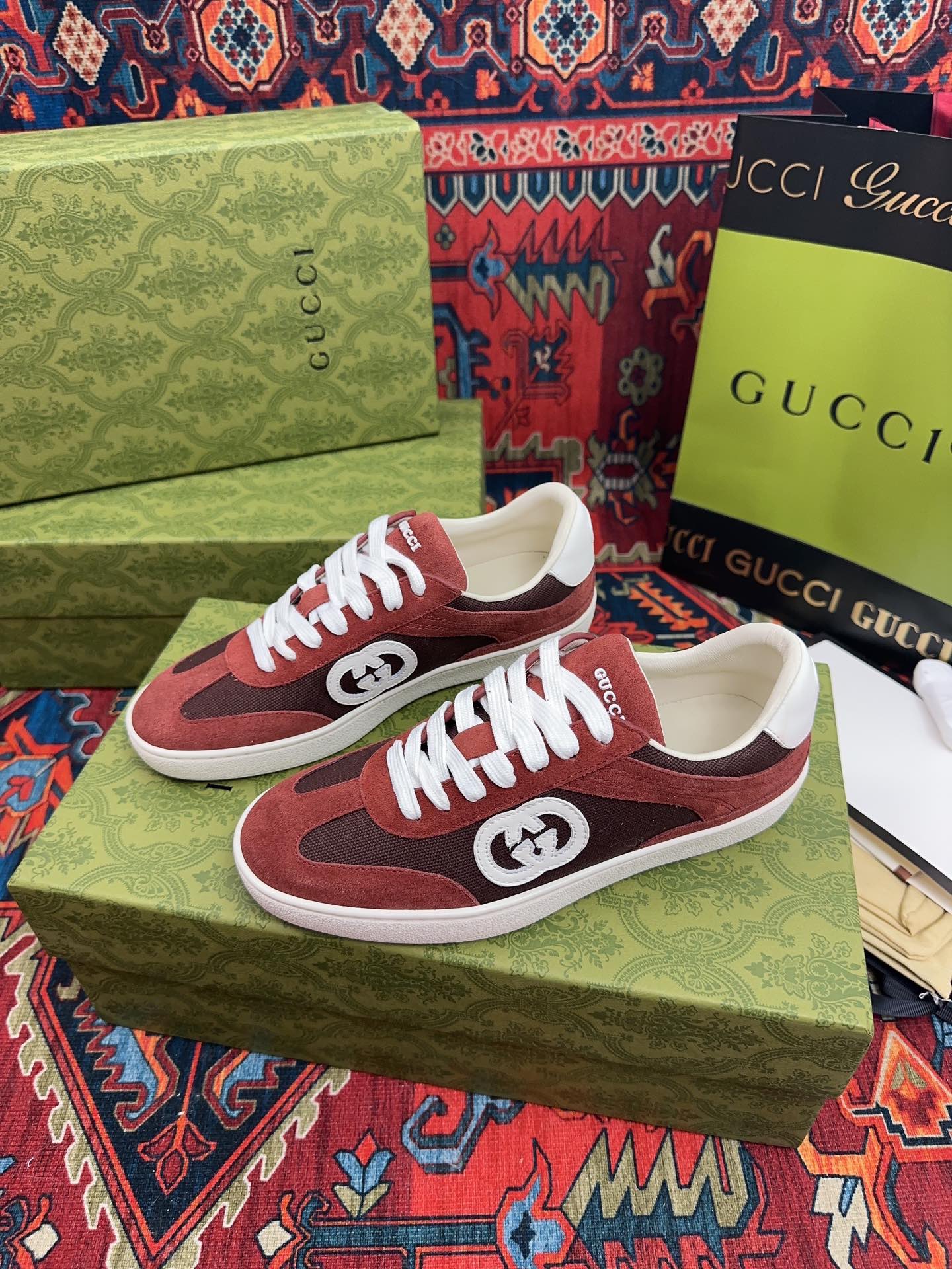 Gucci 一比一 男女款 酒紅麂皮復古運動鞋 質感潮流百搭款