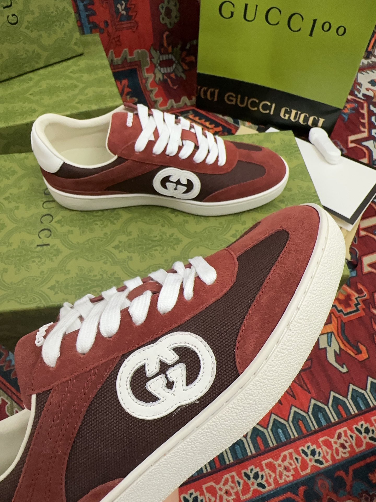 Gucci 一比一 男女款 酒紅麂皮復古運動鞋 質感潮流百搭款