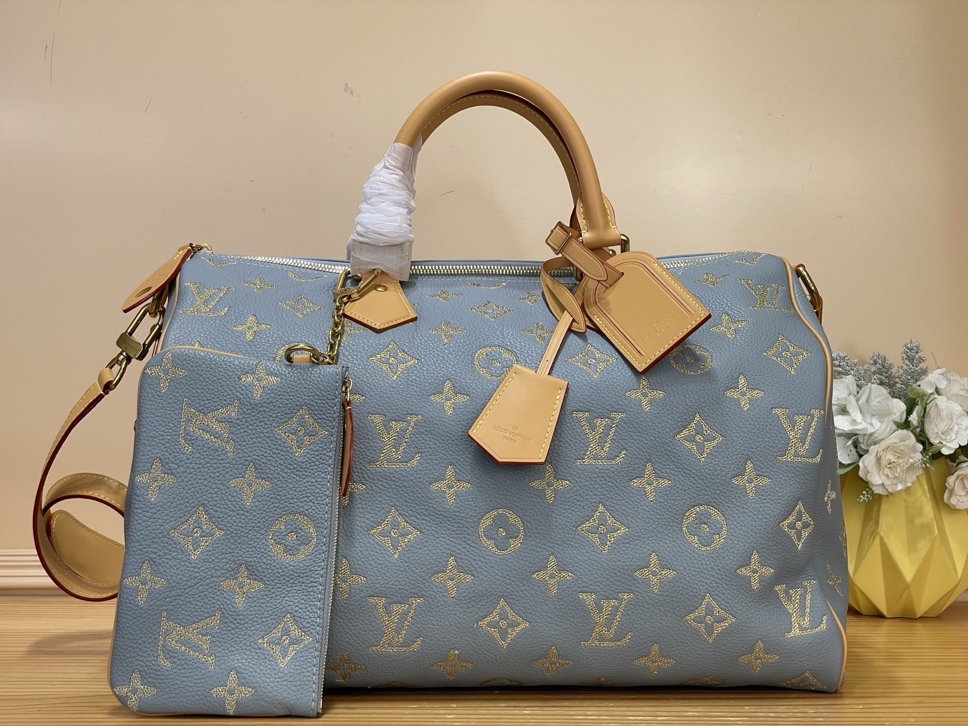 LV高仿藍色刺繡Monogram Speedy旅行包 手提斜背兩用包
